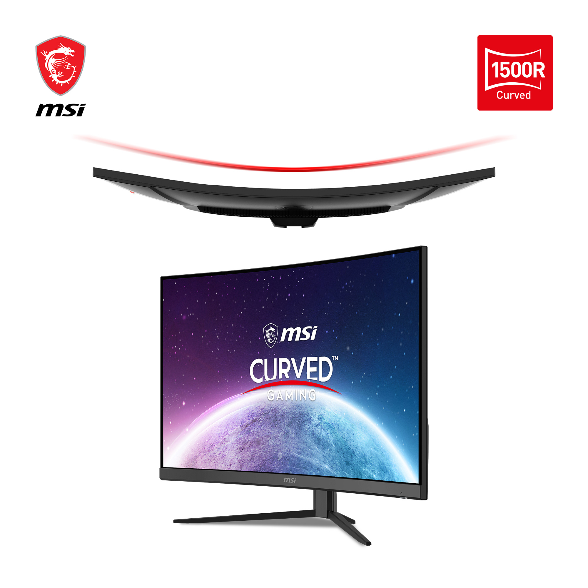 Un monitor curvo per computer con un accento rosso sulla parte superiore e il suo supporto su sfondo bianco.