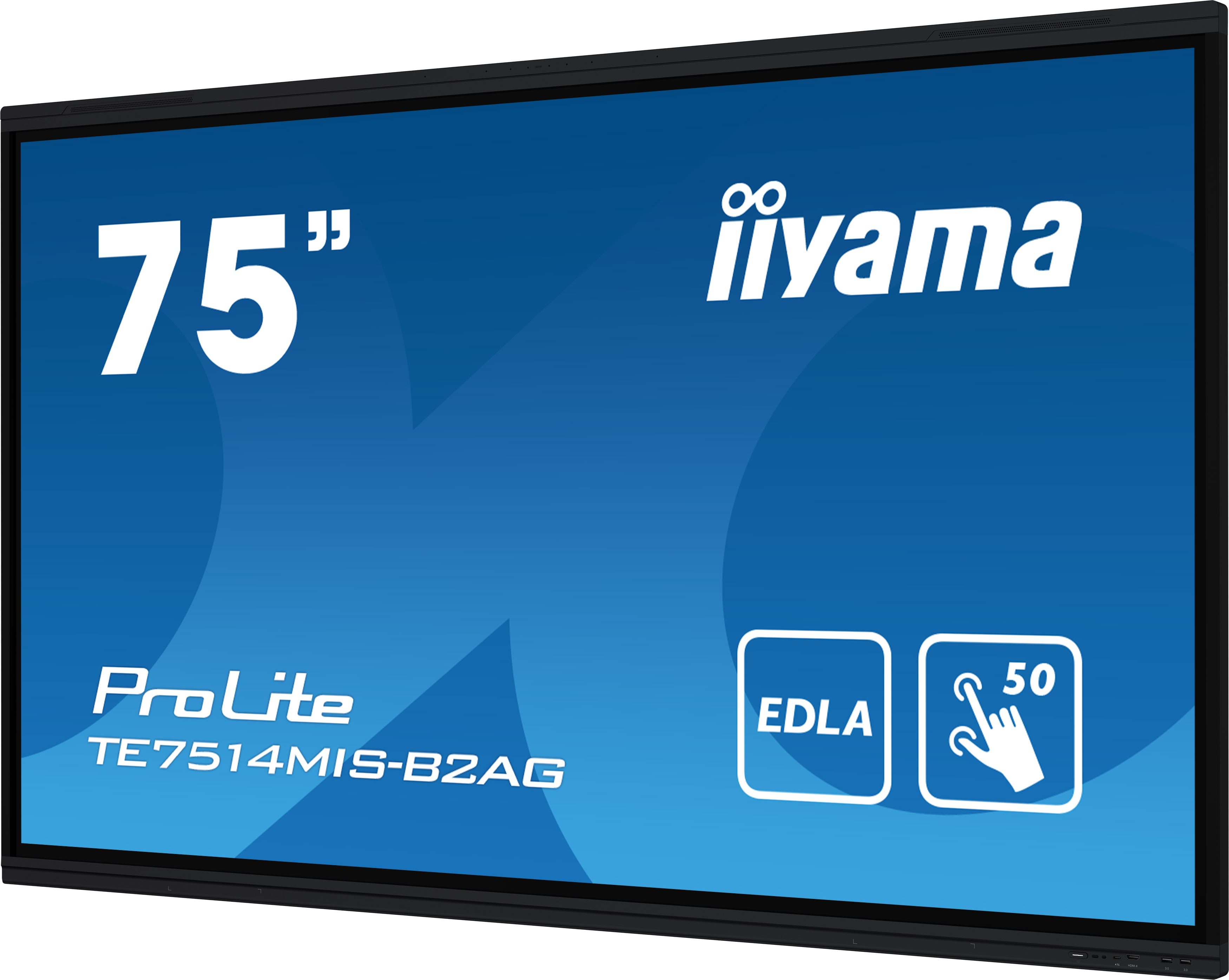 75" interactive screen with iiYama and ProLite logos. Blue background.