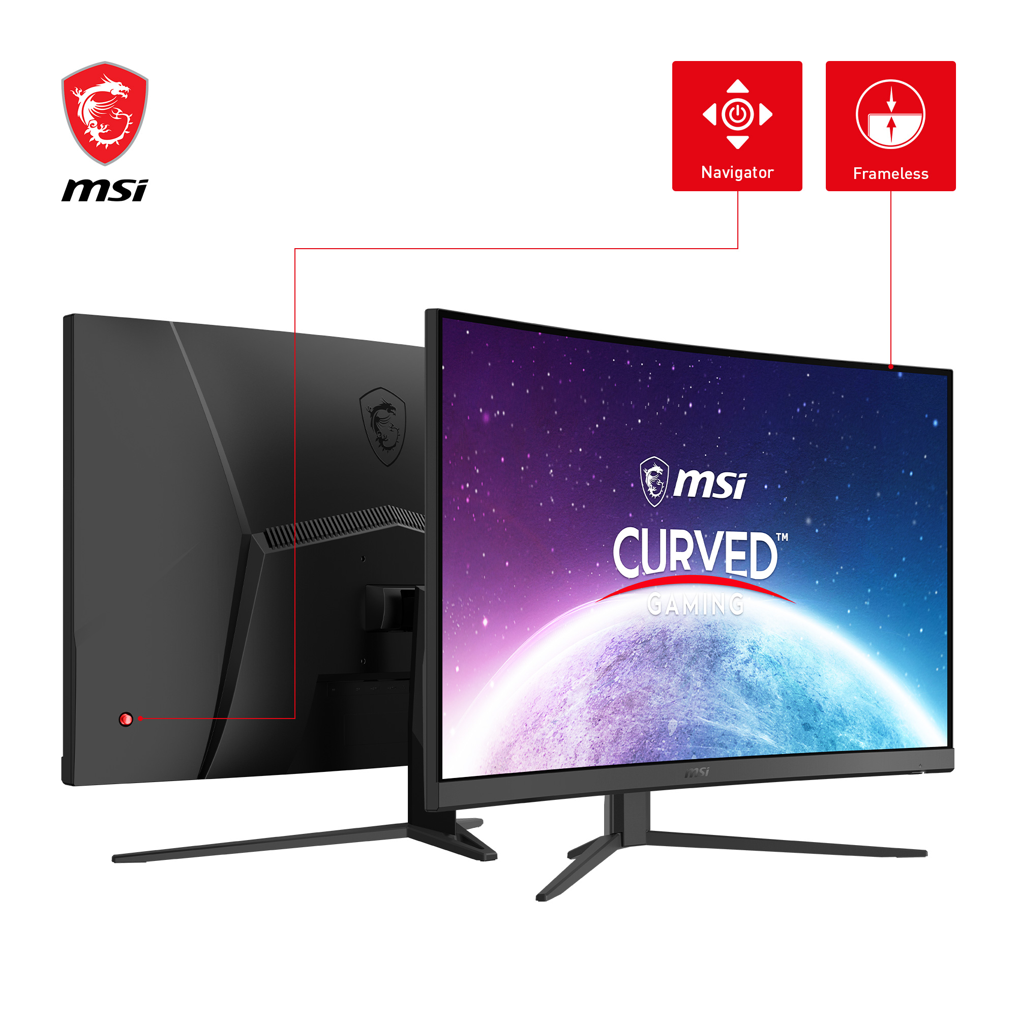 Un monitor da gioco curvo MSI mostrato da davanti e da dietro, con loghi e funzionalità evidenziate.