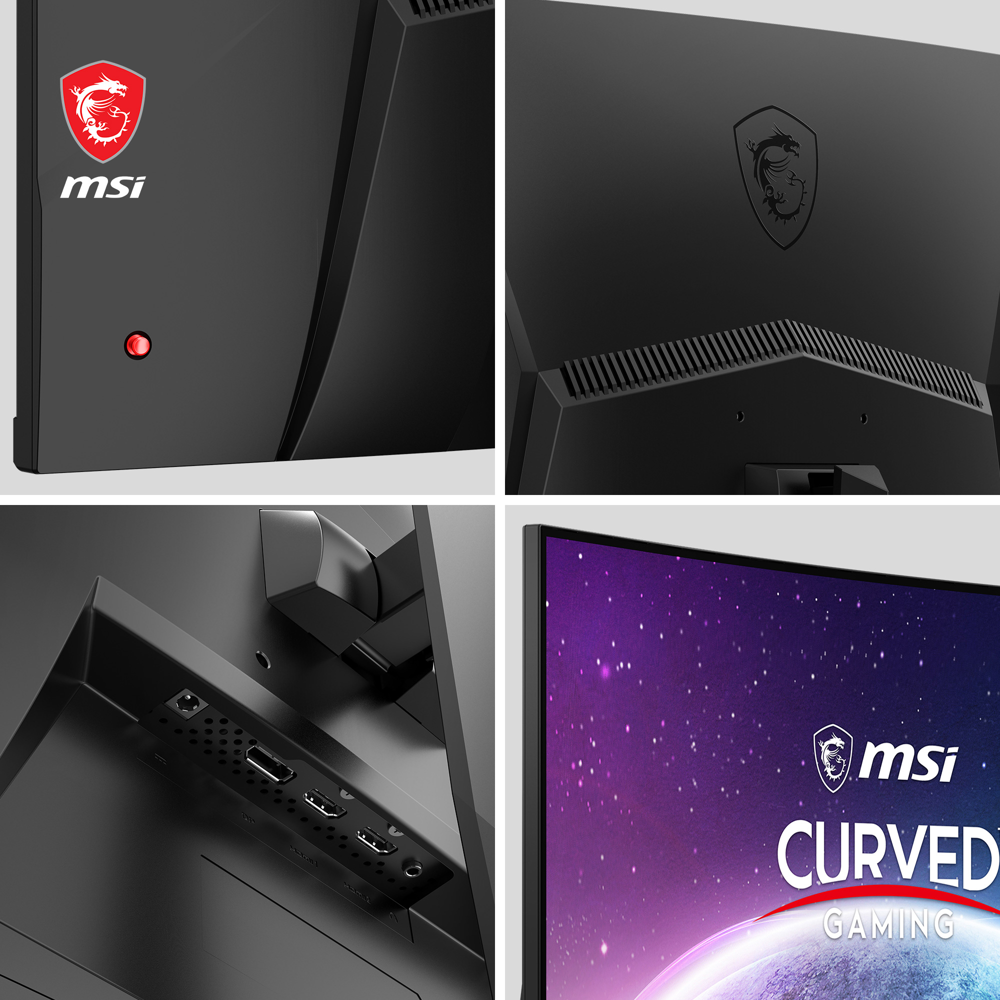 Monitor curvo MSI per il gaming con un logo a forma di drago.