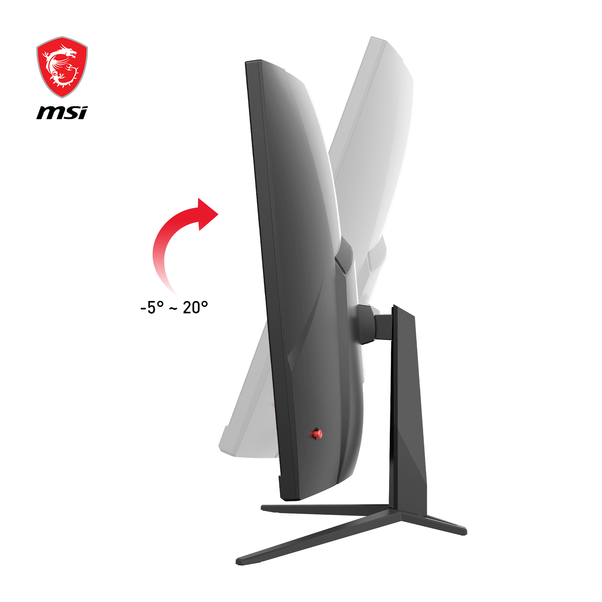 Una vista laterale di un monitor MSI nero e grigio con supporto regolabile e freccia rossa.