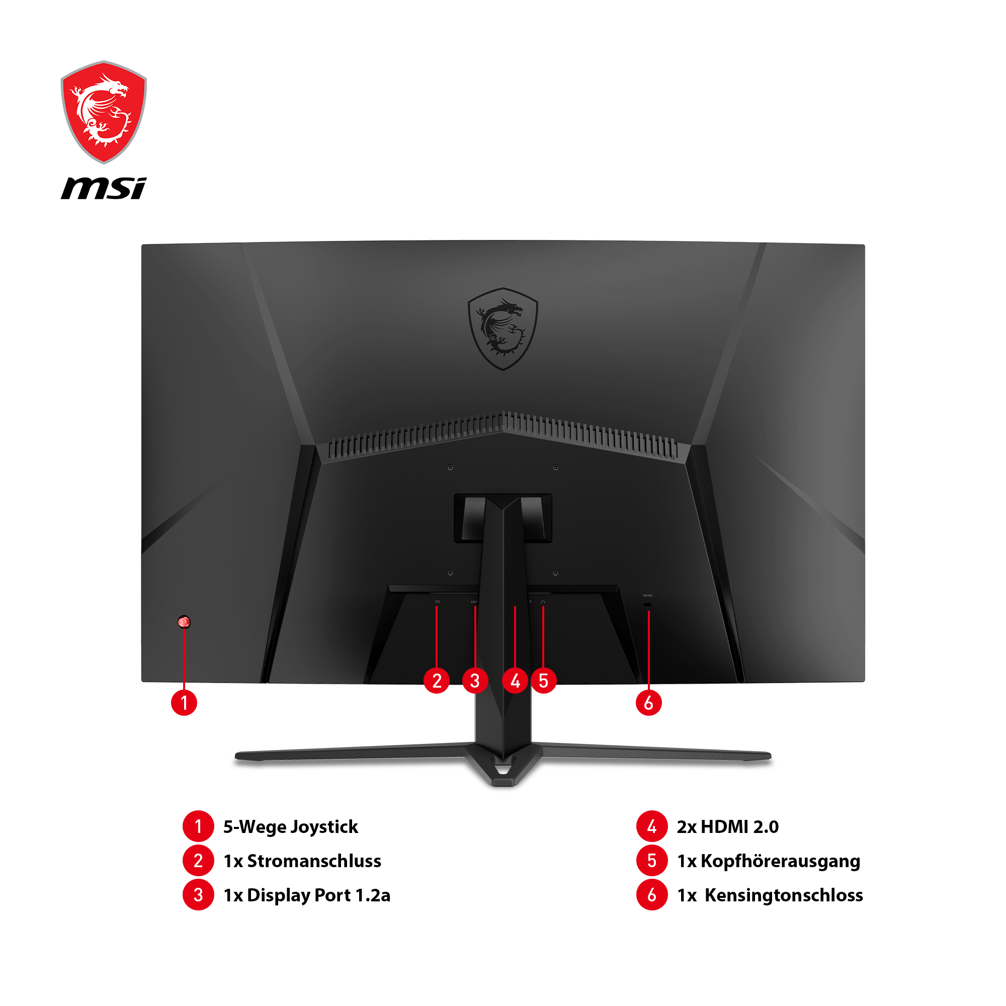 Retro di un monitor MSI nero con porte e joystick, che mostra il logo del marchio e le etichette.