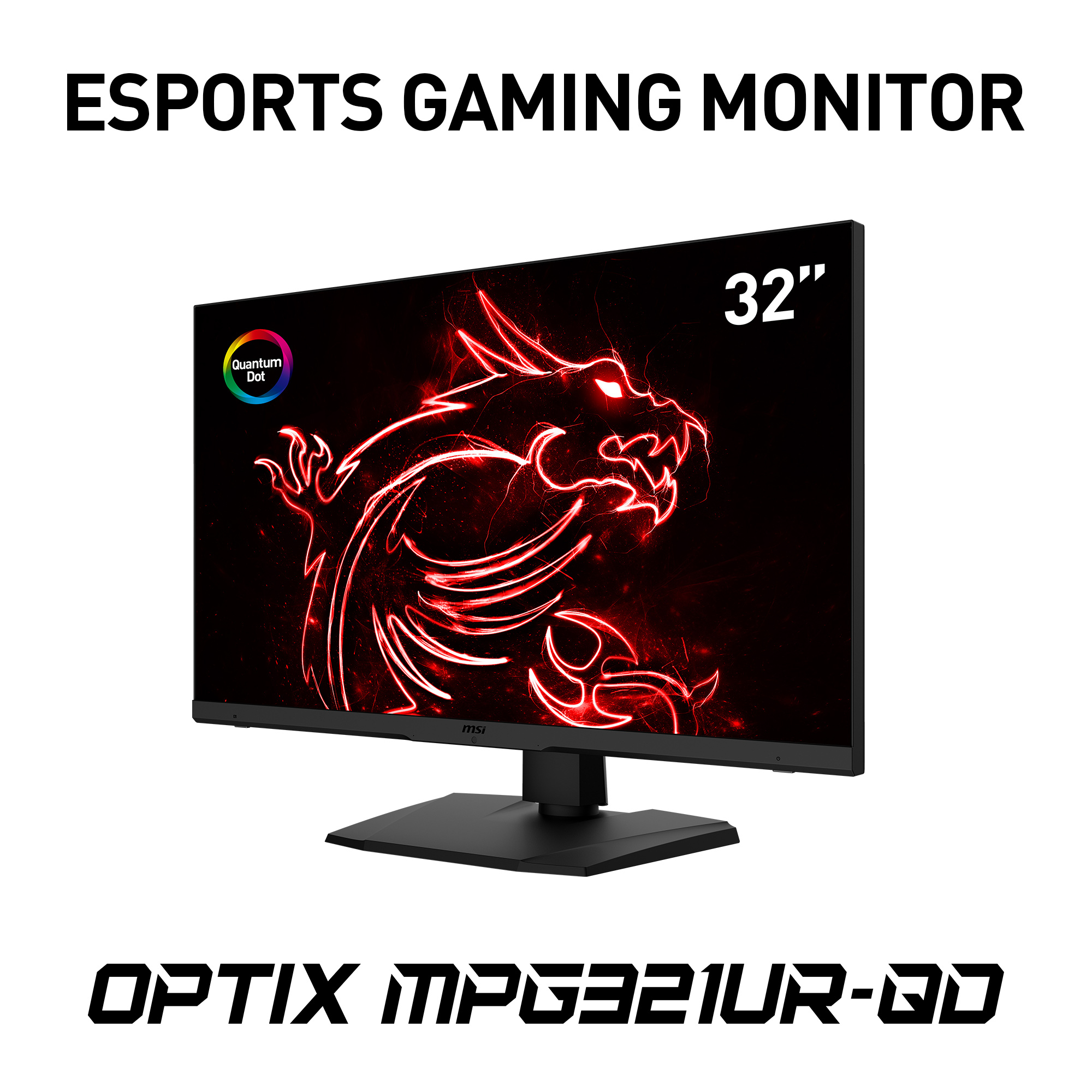 Monitor MSI nero con immagine di drago rosso e testo '32'.