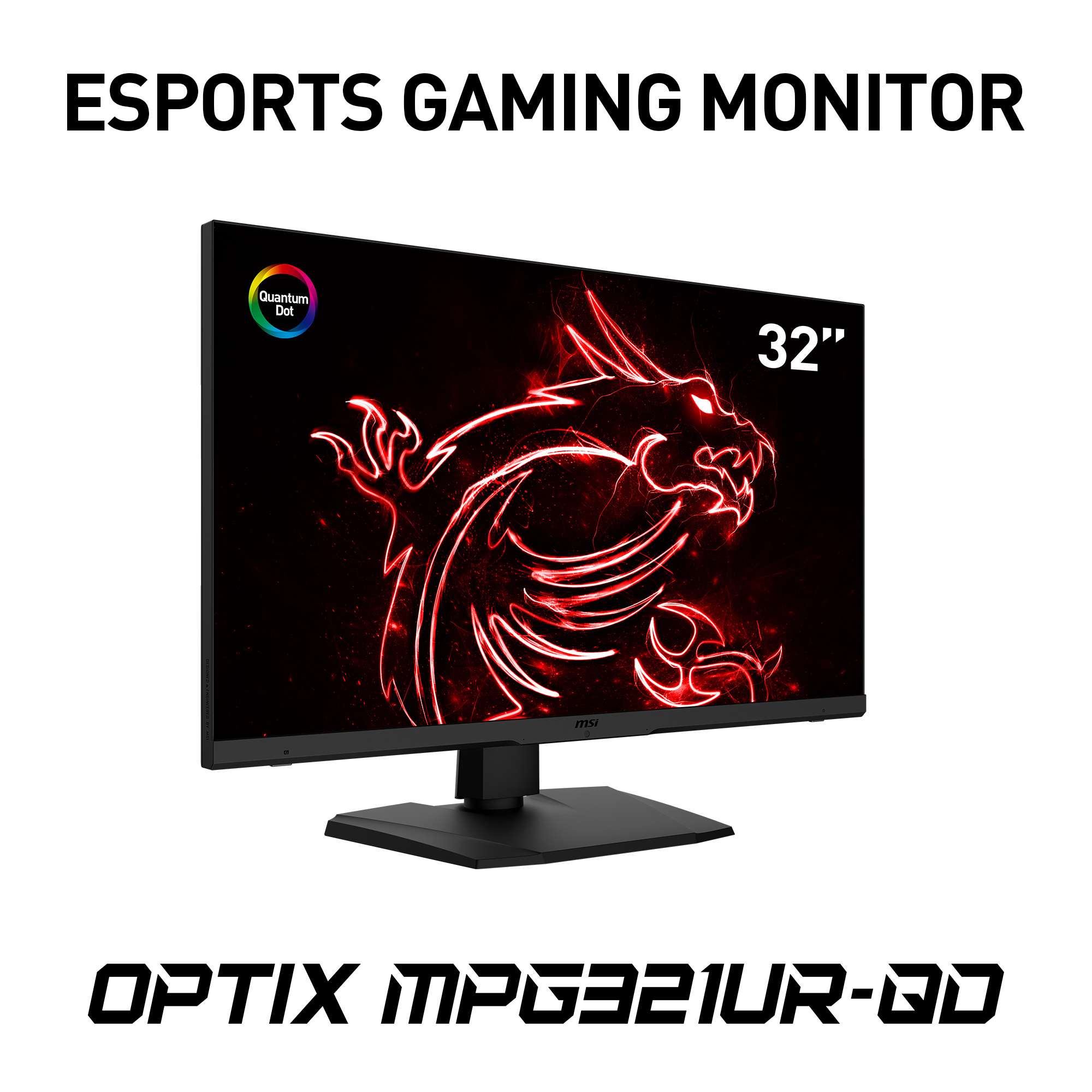 Un monitor da gioco con un'immagine di drago rosso sullo schermo e il testo 'ESPORTS GAMING MONITOR'.