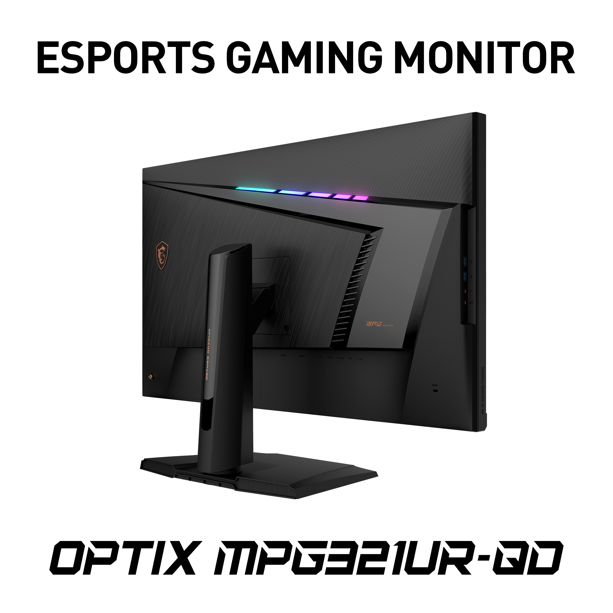 Vista posteriore di un monitor da gioco nero. Il retro ha luci e il logo MSI è presente con testo.