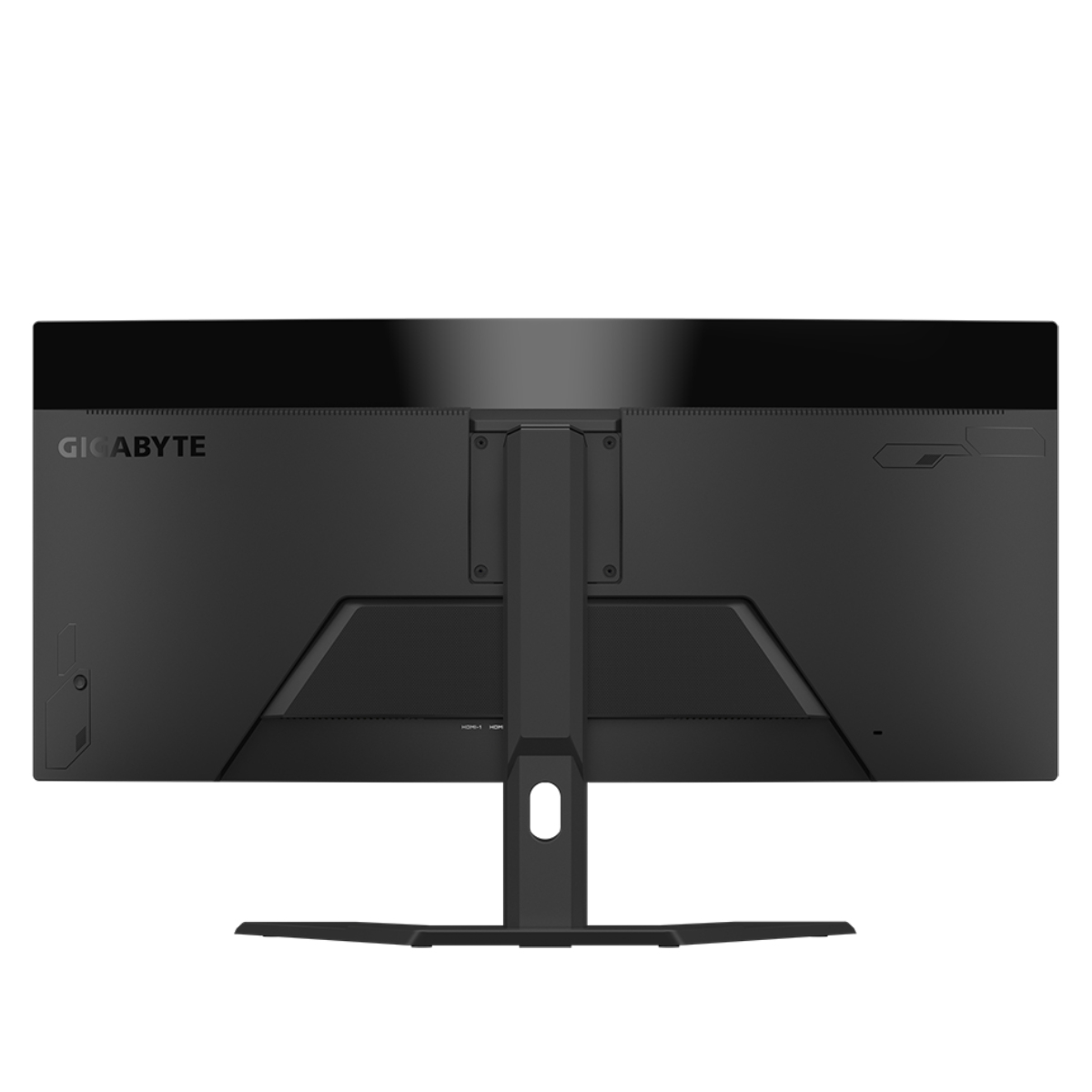 Monitor del computer nero con la vista posteriore che mostra porte e supporto.