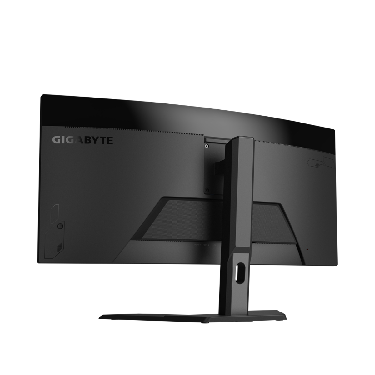 Vista posteriore di un monitor curvo nero. Il marchio 'GIGABYTE' è in alto.