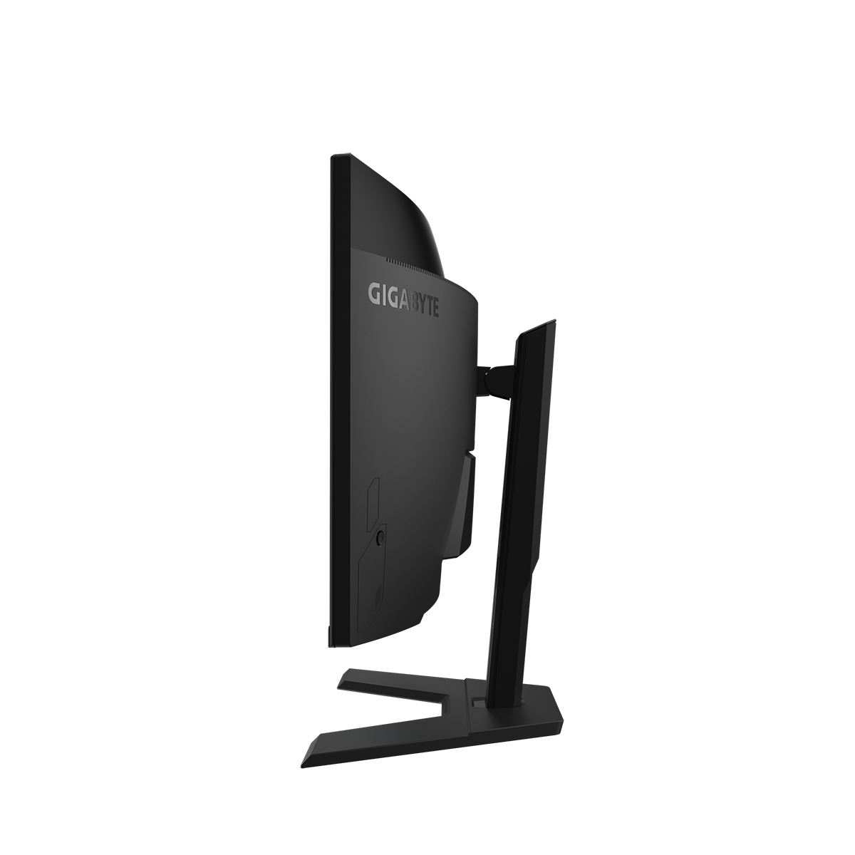 Vista laterale di un monitor per computer GIGABYTE nero. Supporto nero e schermo curvo. Sfondo bianco.