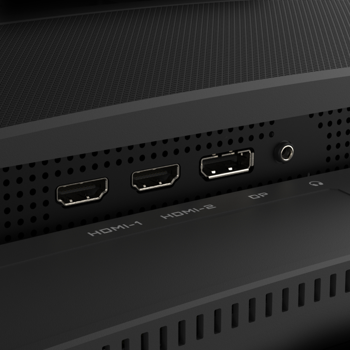 Primo piano del pannello posteriore di un monitor nero, che mostra porte HDMI e altre connessioni.