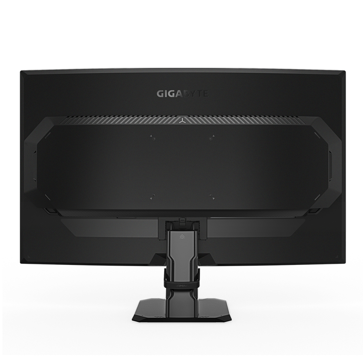 Vista trasera de un monitor de ordenador negro. Tiene un soporte y el logotipo de Gigabyte. Está sobre un fondo blanco.