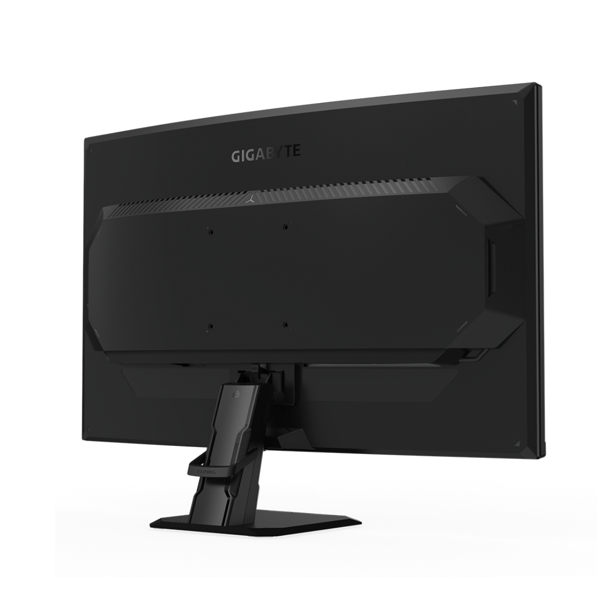 La parte trasera de un monitor de computadora negro con soporte, aislado sobre fondo blanco.