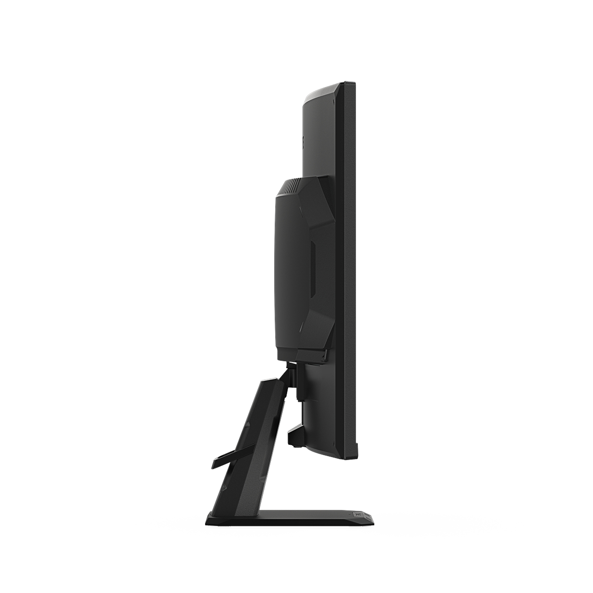 Un monitor negro, visto de lado. Está montado en un soporte con una base negra.