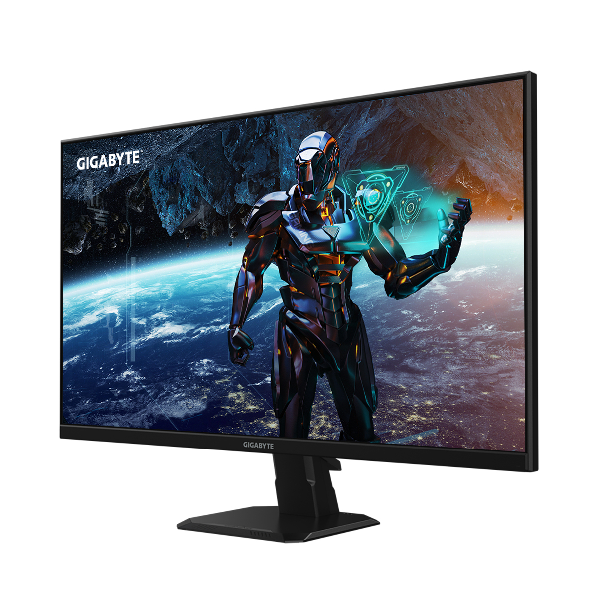 Monitor Gigabyte che mostra scena futuristica di un cyborg nello spazio. Supporto e cornice neri.