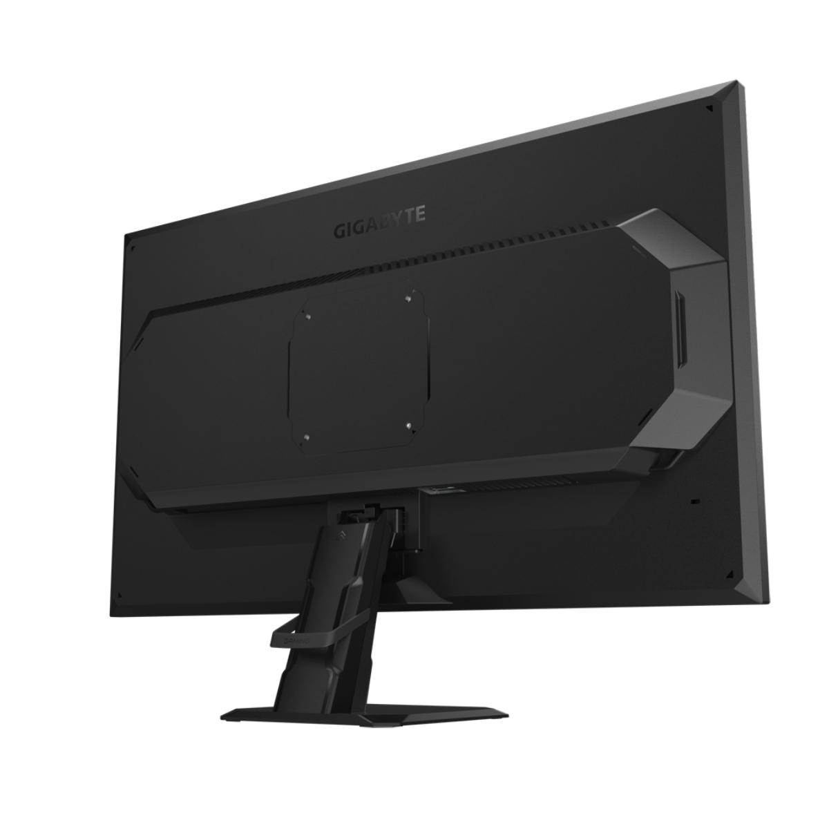 Retro di un monitor nero con supporto, isolato su sfondo bianco.
