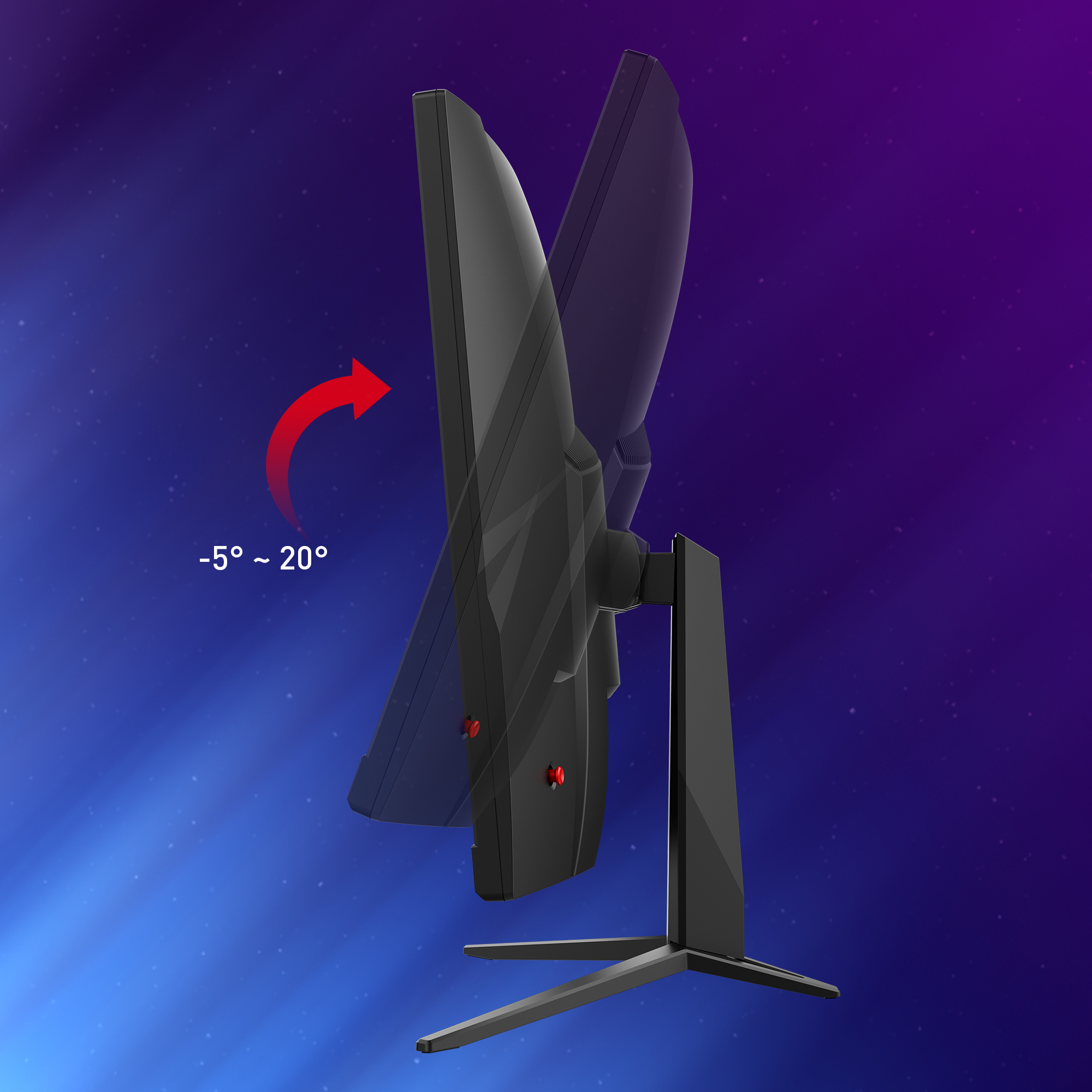Ekran monitora pod kątem, ze strzałką wskazującą regulację od -5 do 20 stopni.