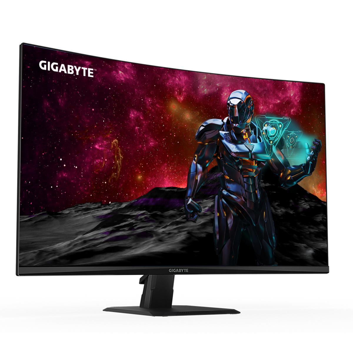 Monitor curvo para juegos con escena futurista, soporte y bisel negros.