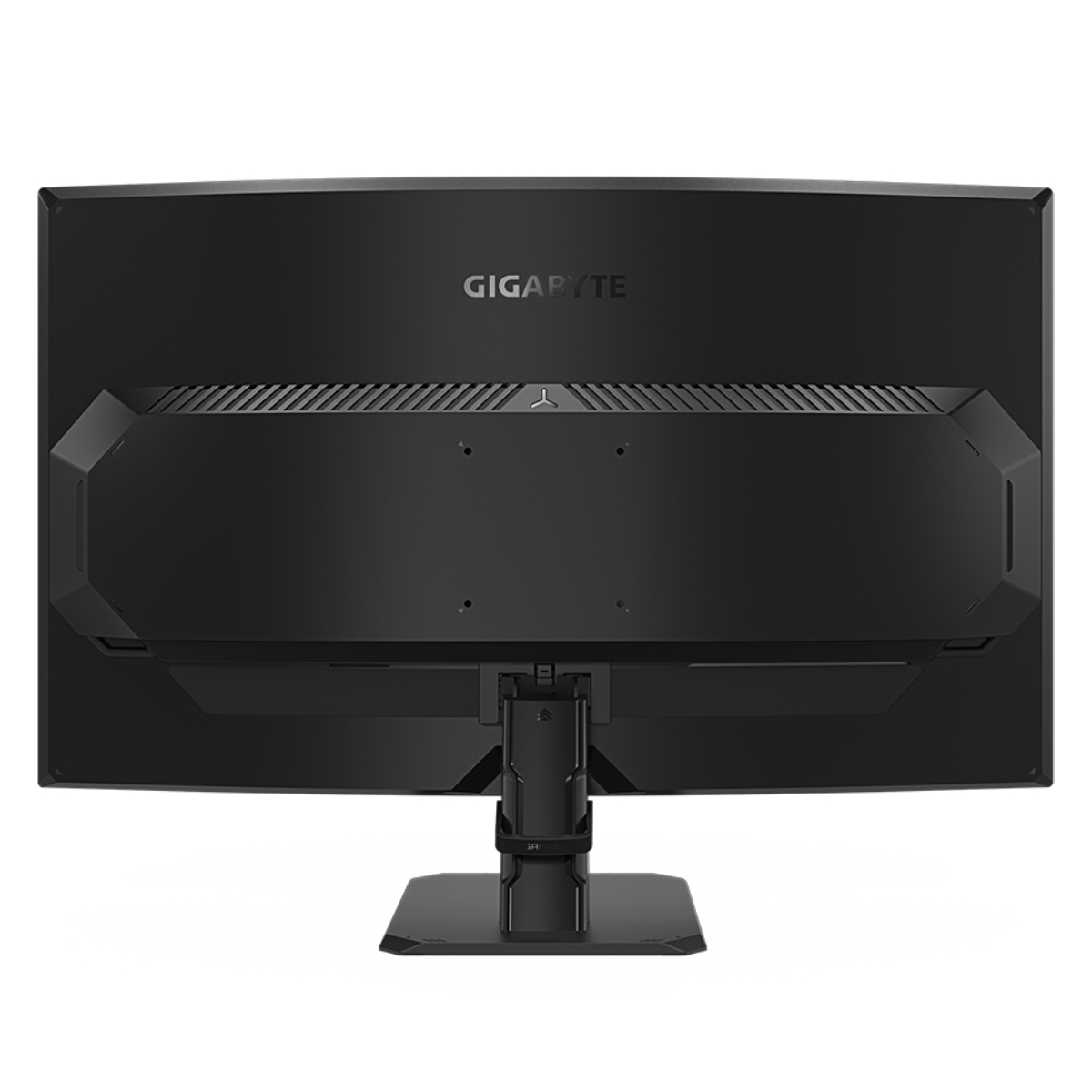 Vista trasera de un monitor de ordenador negro con soporte y logo Gigabyte.