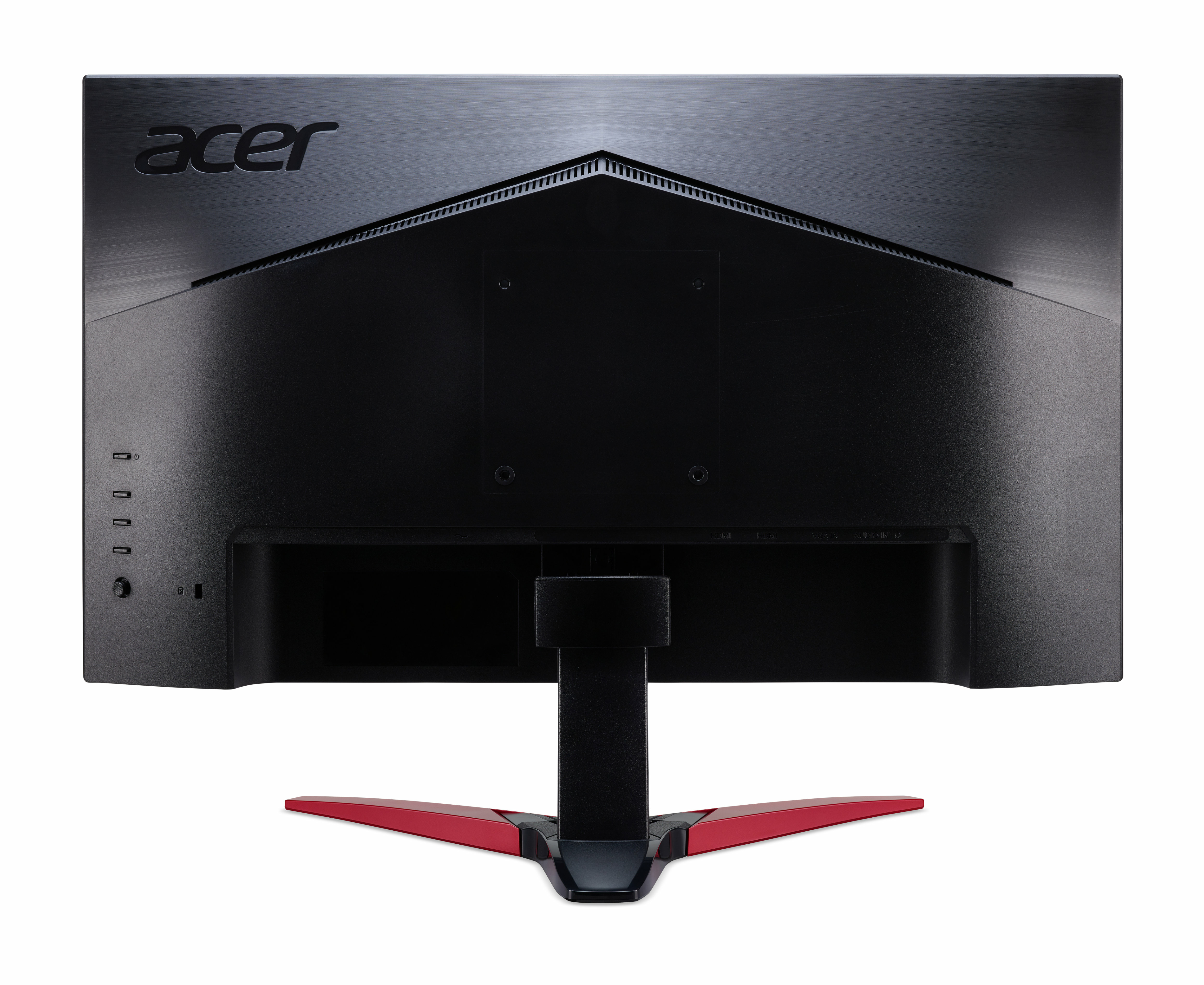 Widok z tyłu czarnego monitora Acer z czerwoną podstawą. Logo Acer na górze.
