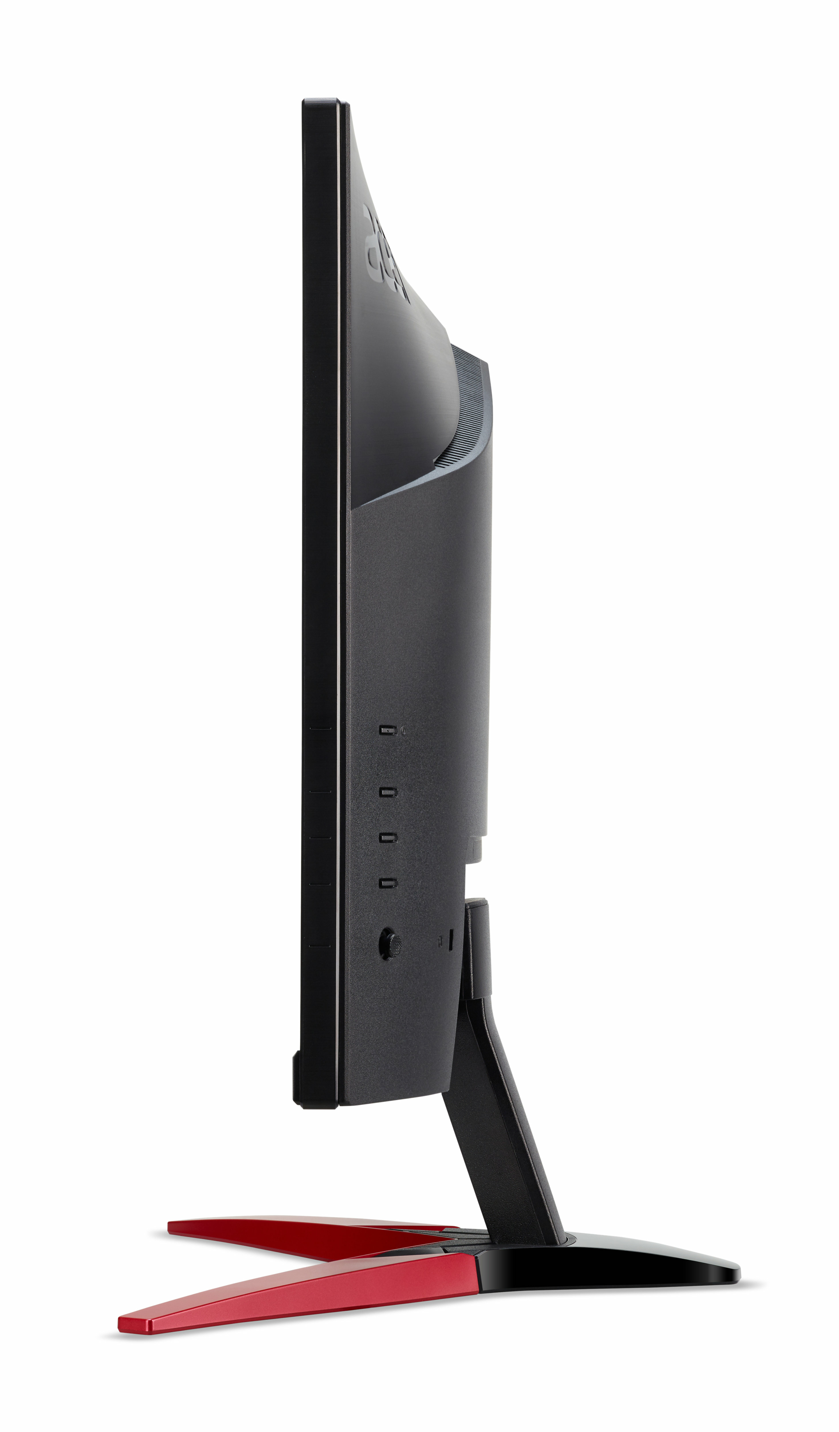 Czarny monitor z czerwoną podstawą i czarną podstawką. Jest na białym tle.