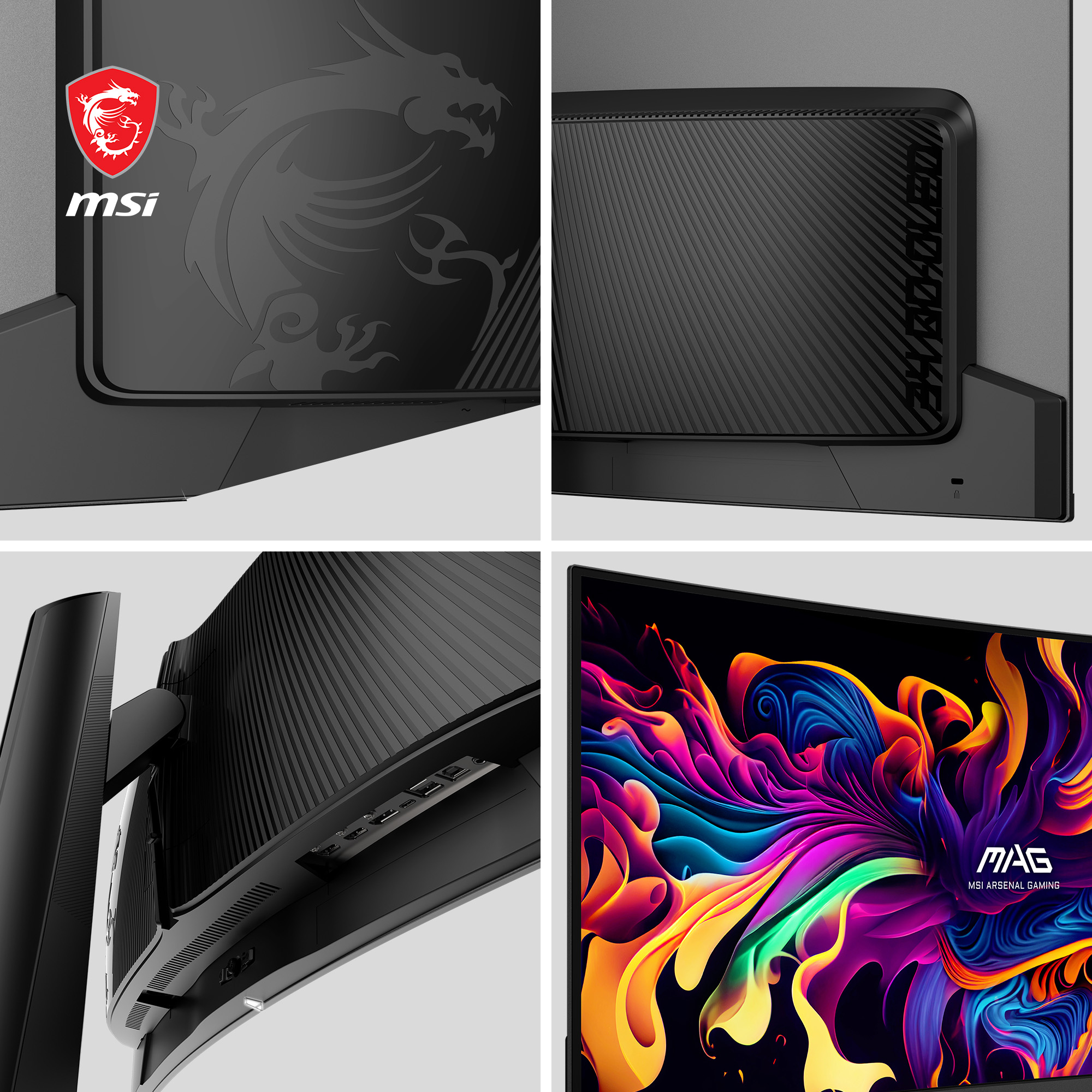 Zbliżenia czarnego monitora MSI pokazujące tył, podstawę i ekran.