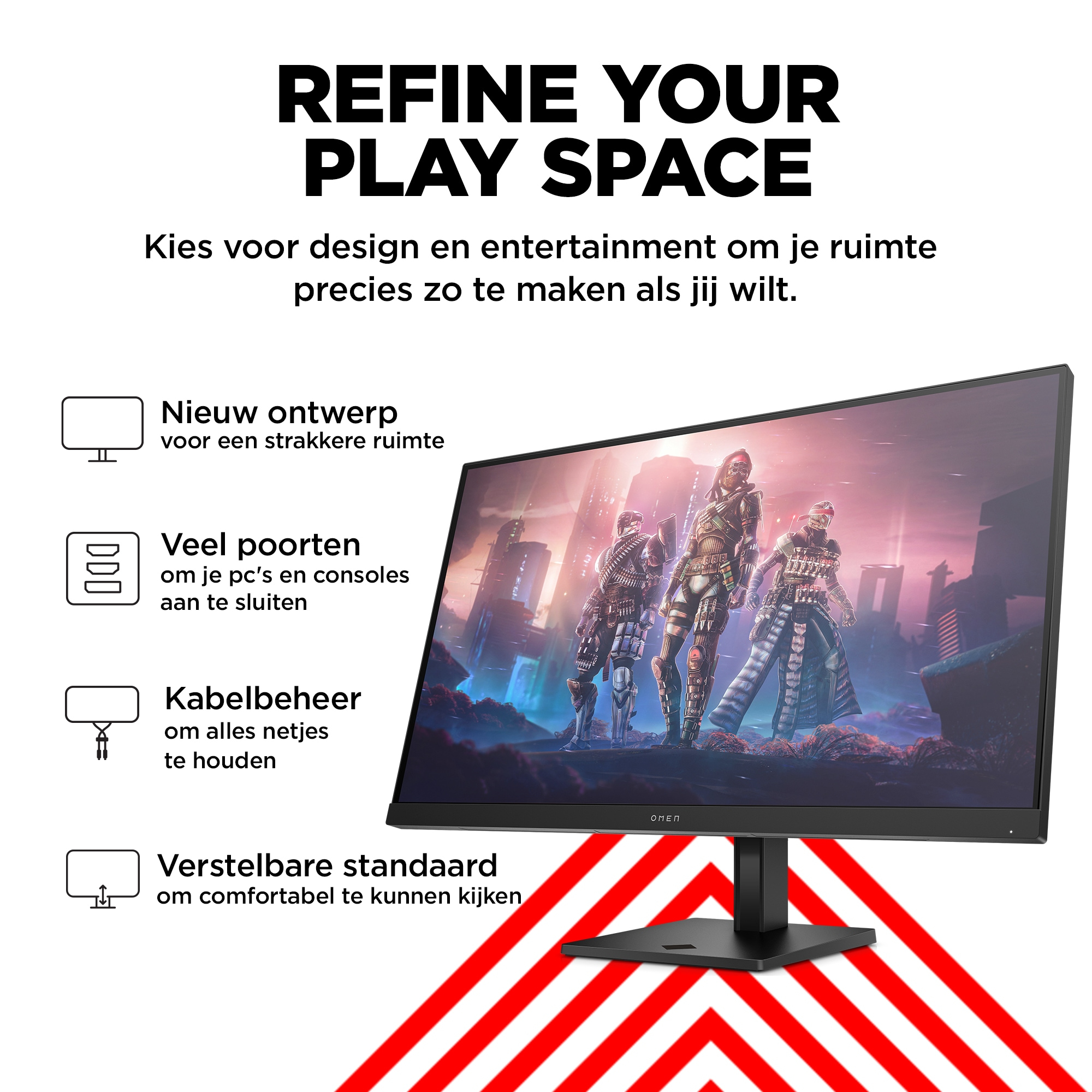 Monitor komputerowy z wyświetlanym obrazem gry. Tekst brzmi 'REFINE YOUR PLAY SPACE'.