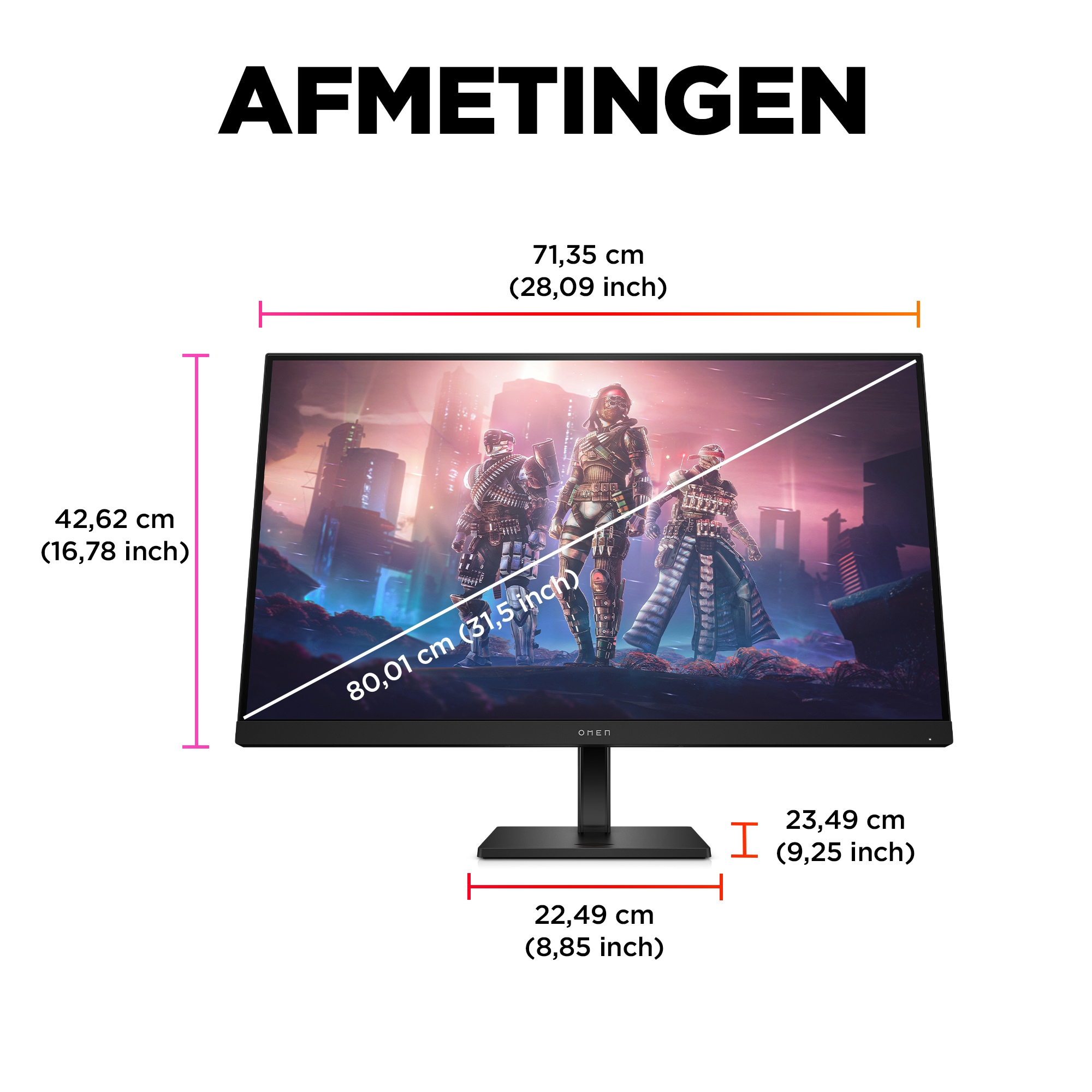 Een monitor met afmetingen weergegeven. Het heeft een zwart frame en een game-scène op het scherm.