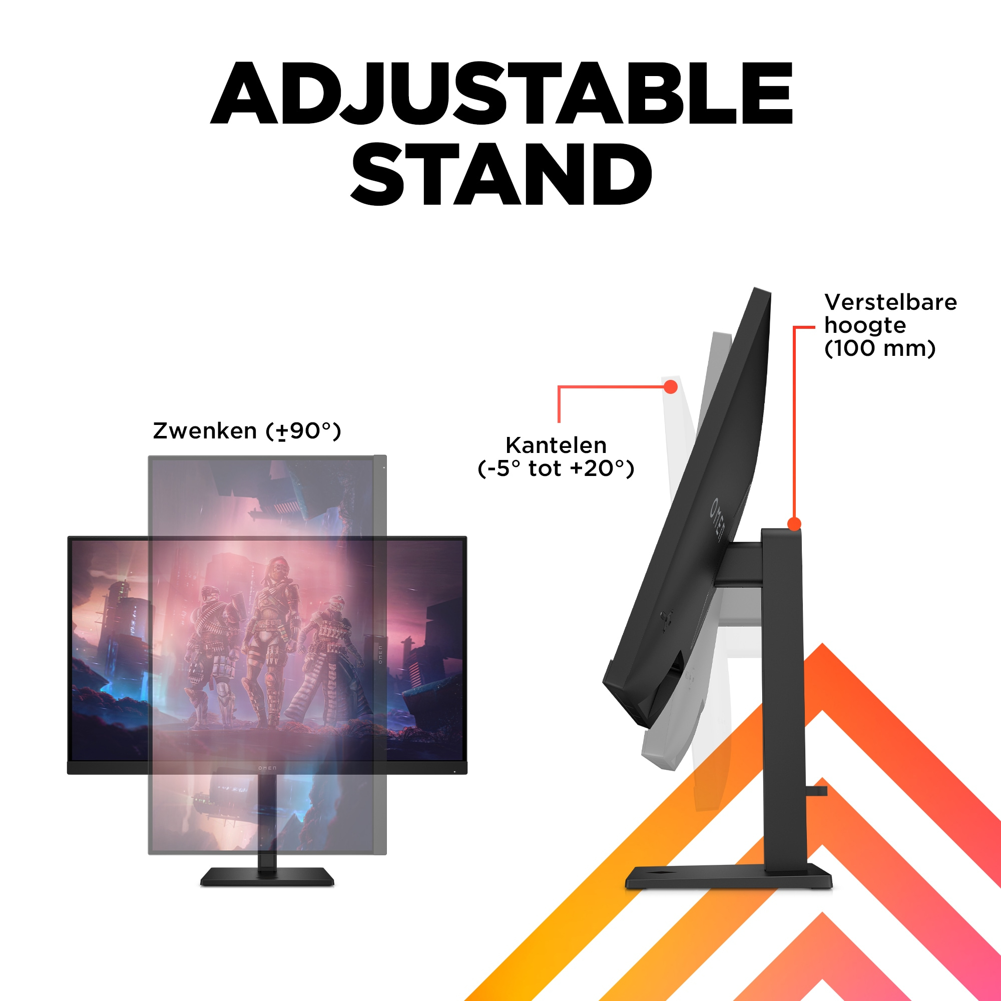 L'immagine mostra un supporto per monitor regolabile. Include inclinazione, rotazione e regolazione dell'altezza. Il monitor mostra una scena di gioco.