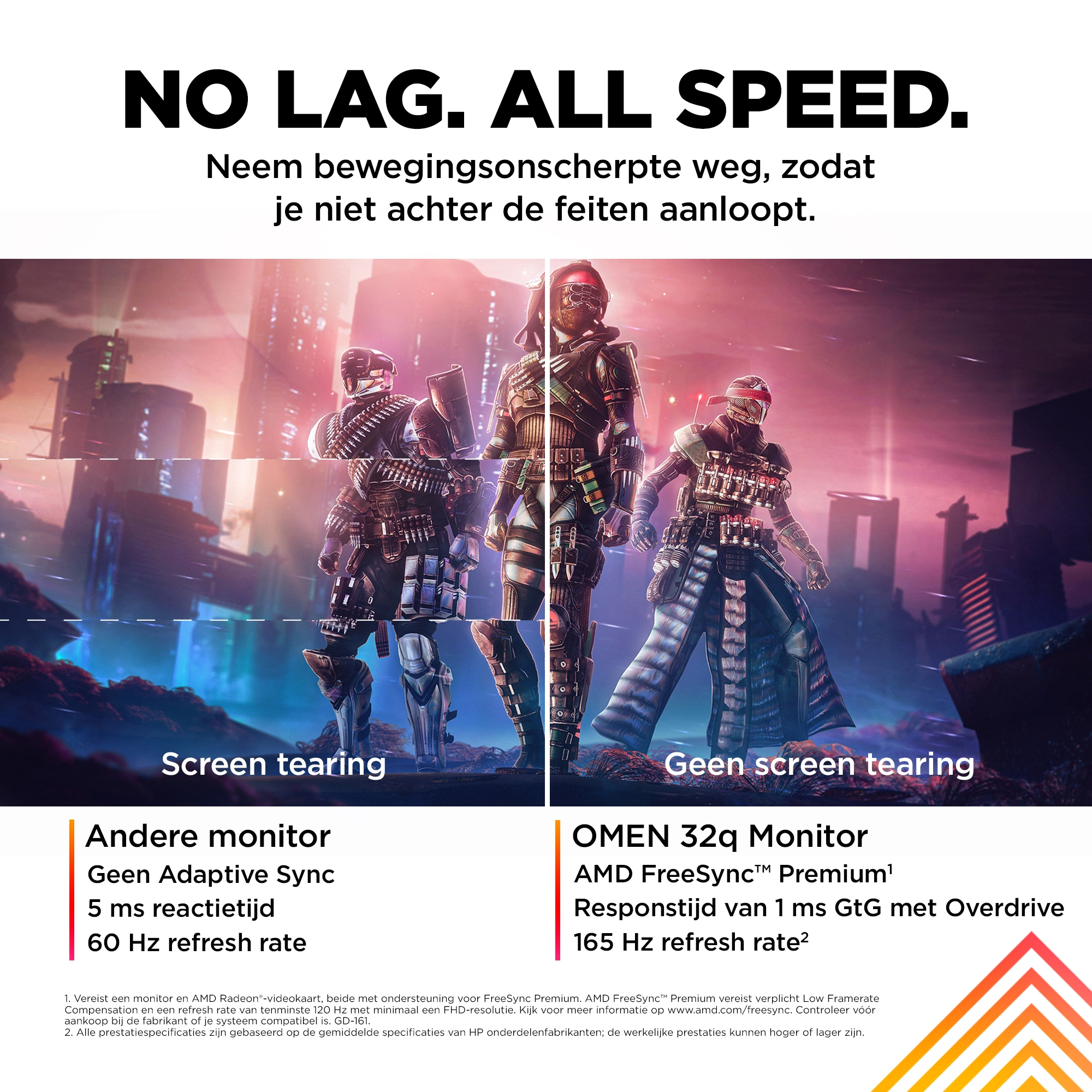 Eine Gaming-Monitor-Werbung zeigt Screen Tearing im Vergleich zu einem Monitor mit AMD FreeSync Premium.