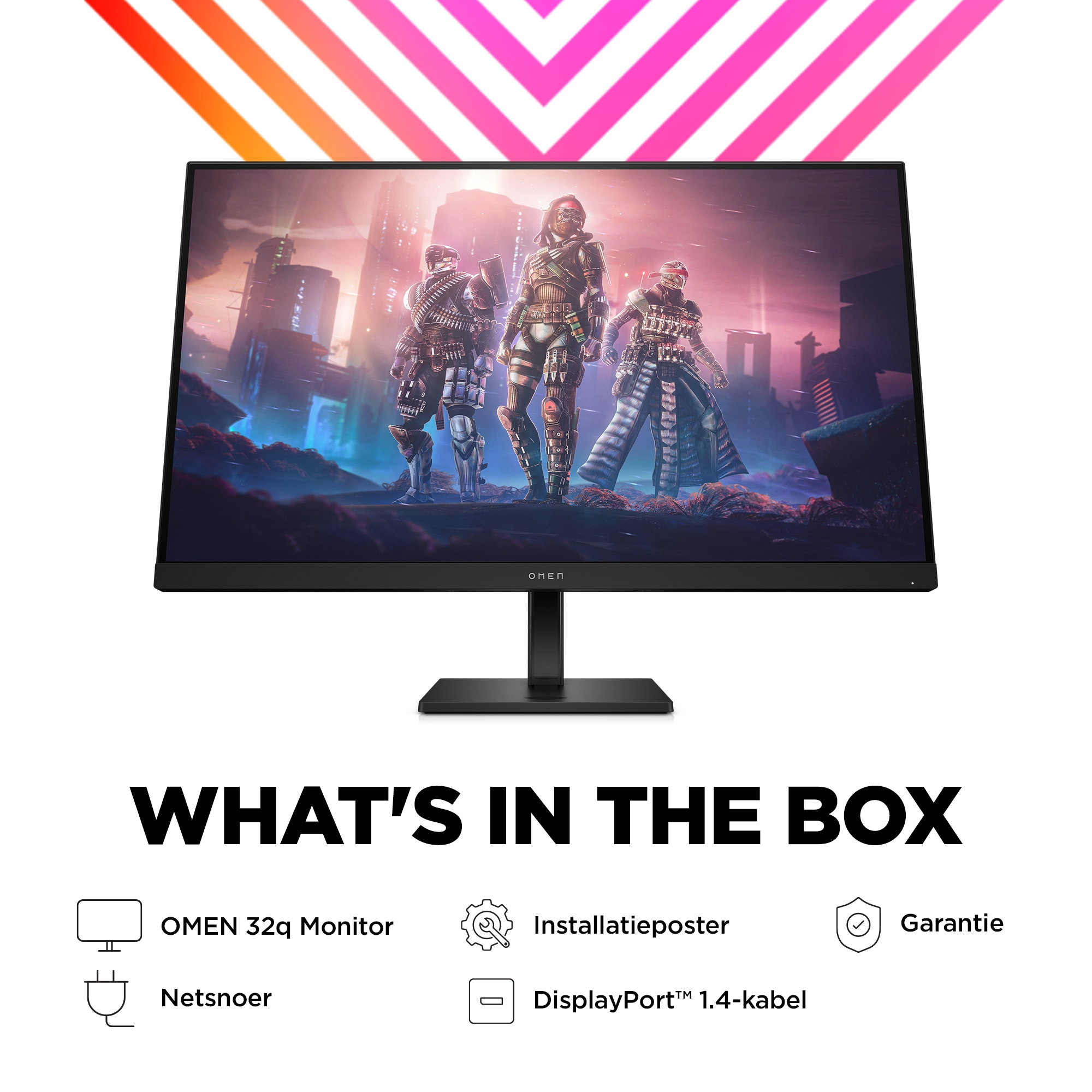 Un monitor de computadora que muestra una escena de juego. El monitor está sobre un soporte, con el texto 'Whats in the Box' debajo.