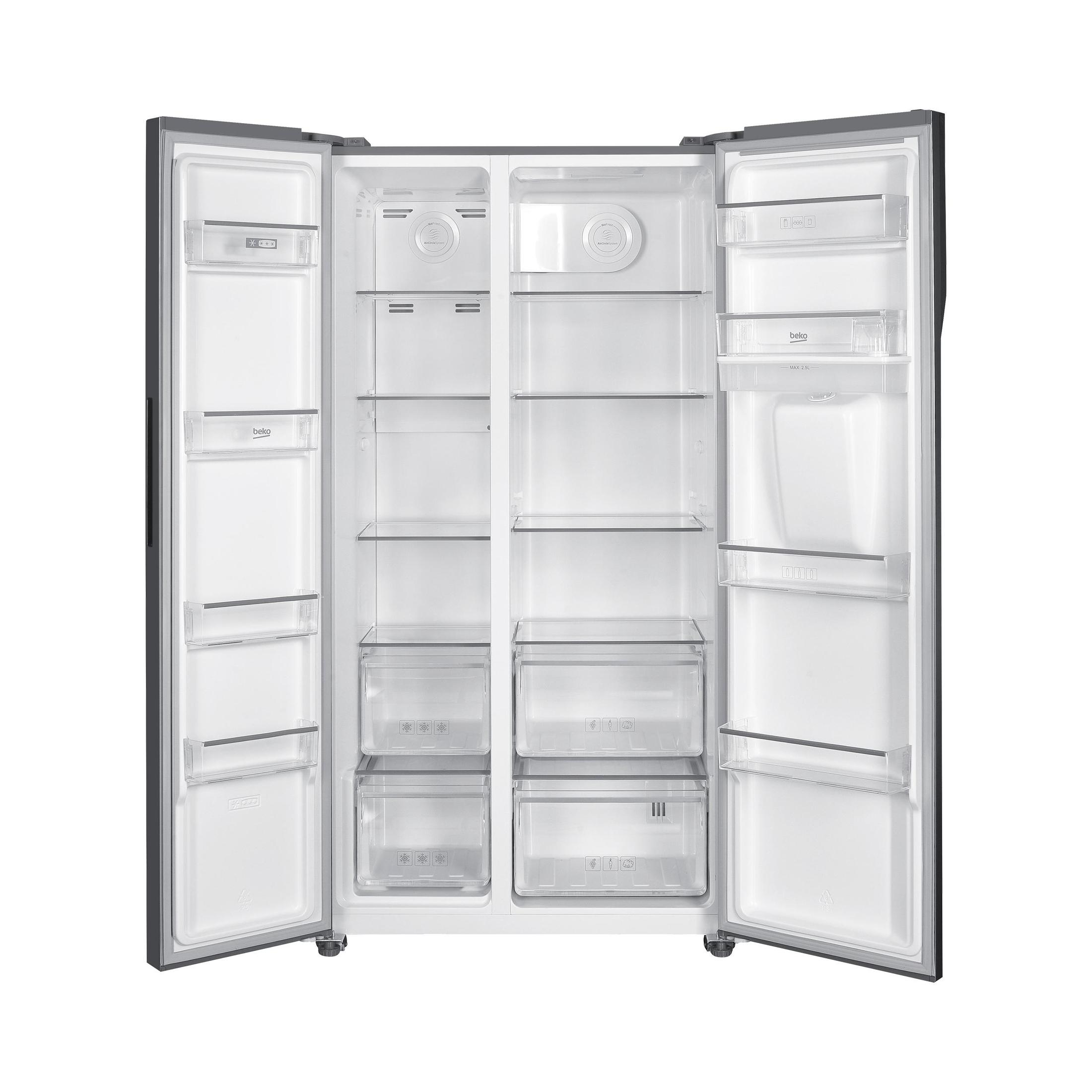Opened double-door refrigerator with clear shelves and drawers, empty interior.