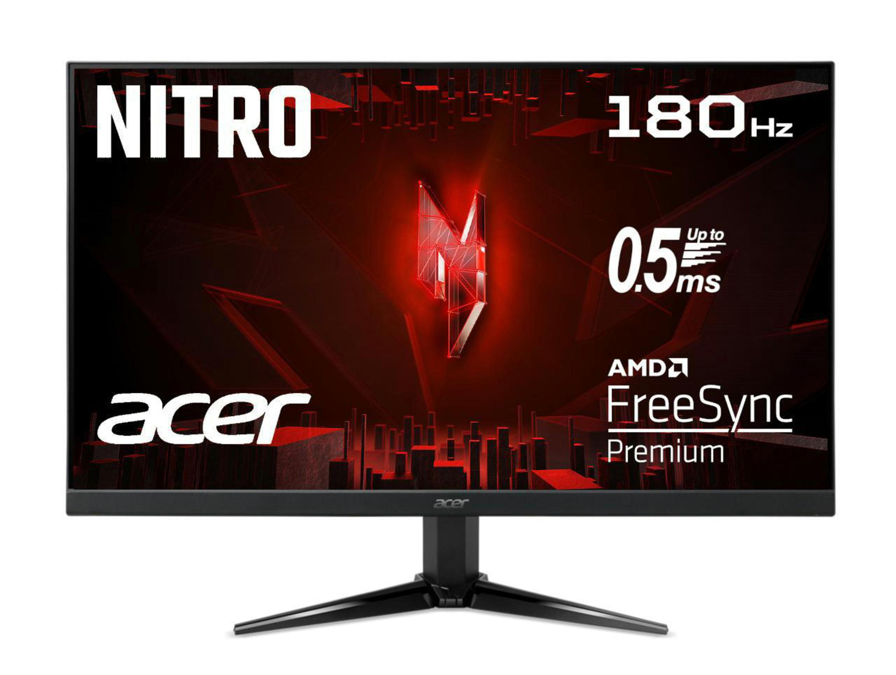 Acer Nitro Monitor mit rotem und schwarzem Design, 180Hz Bildwiederholfrequenz und AMD FreeSync.