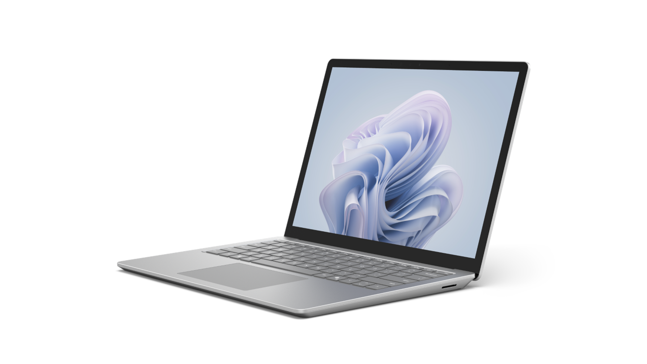 Laptop argentato su sfondo nero con immagine astratta blu chiaro e bianca sullo schermo.