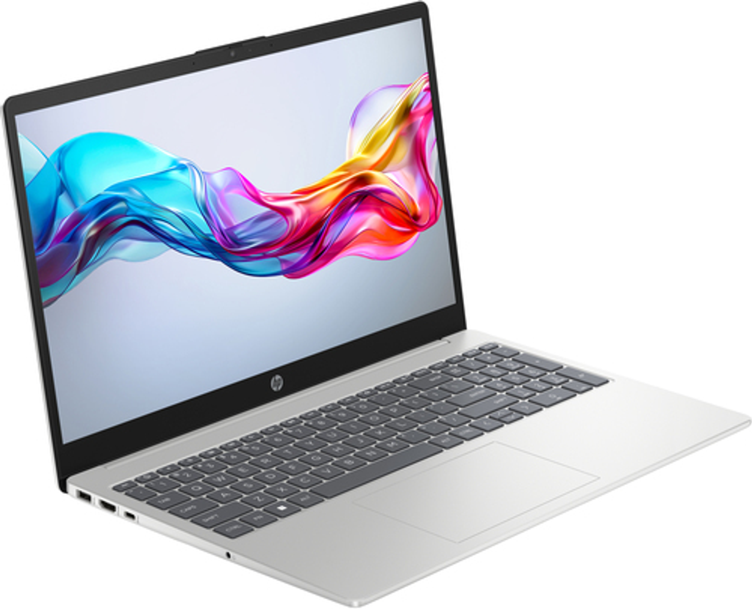 Laptop HP plateado, abierto, mostrando diseño abstracto colorido en pantalla. Fondo blanco.