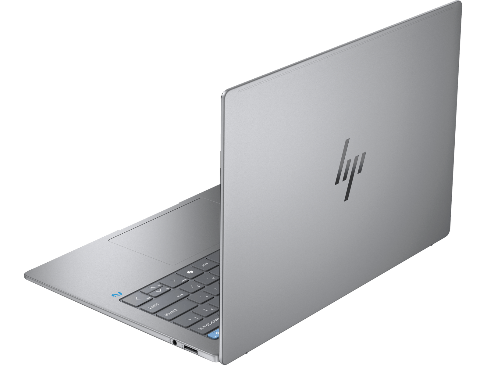 Portátil plateado con tapa abierta, teclado visible, logo HP en la parte superior.