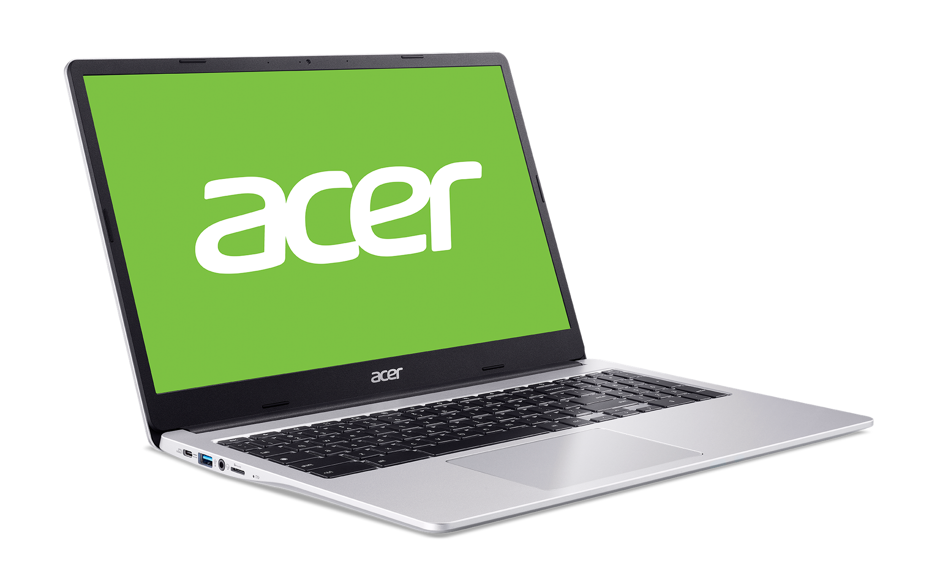 Un portátil plateado con el logotipo de Acer en una pantalla verde, sobre fondo negro.