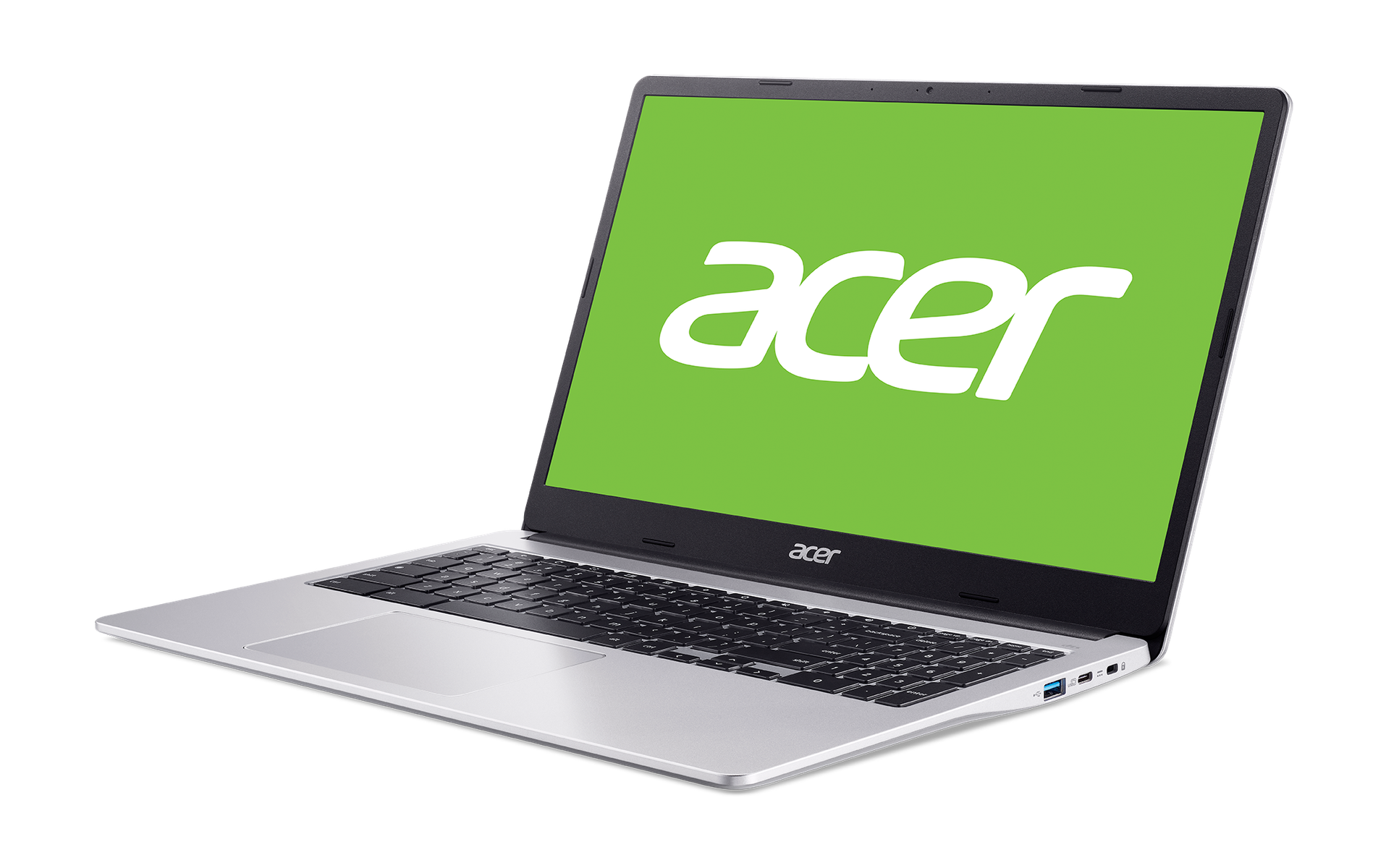 Laptop plateado con pantalla verde mostrando el logo de Acer.
