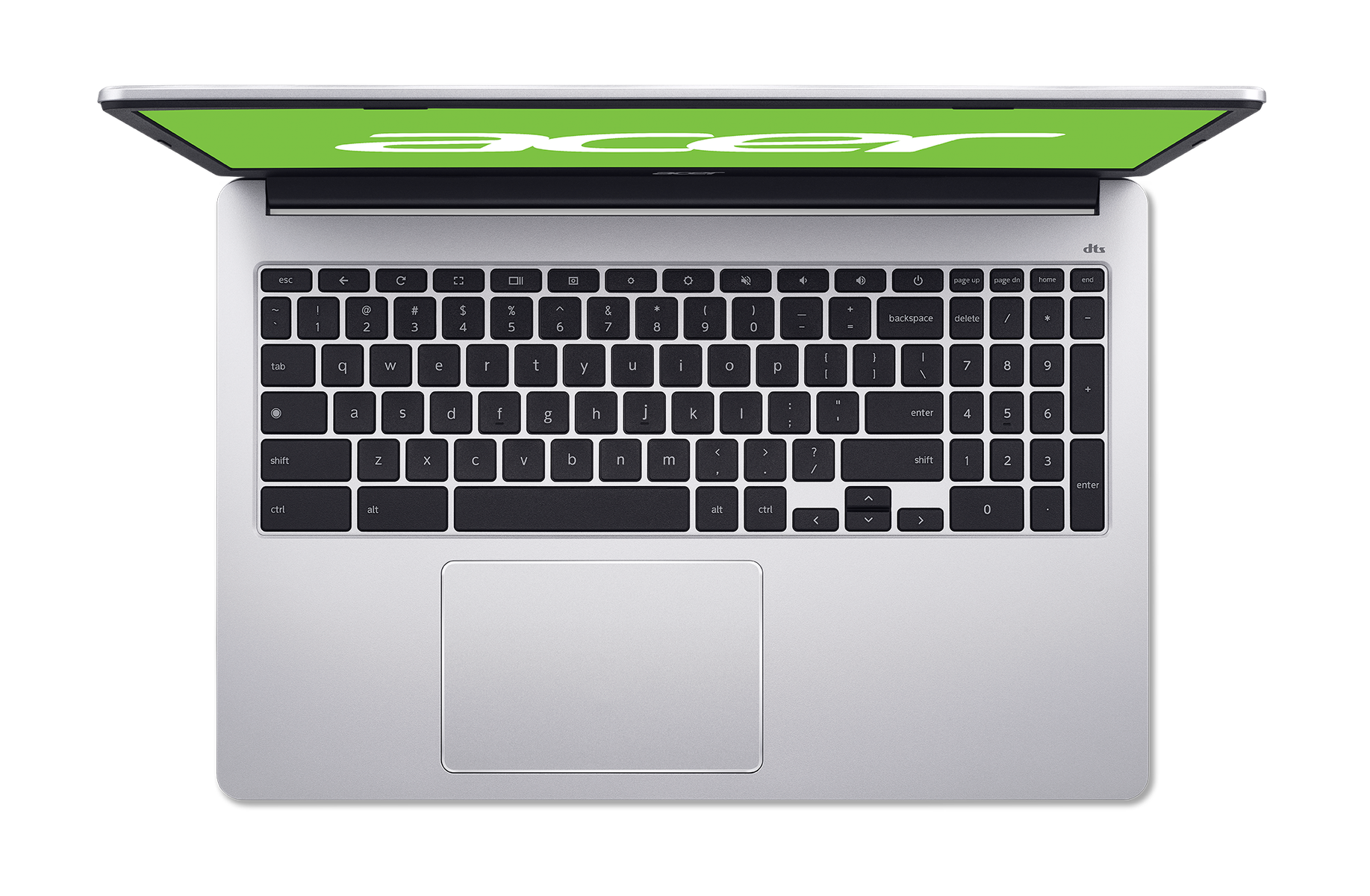 Una vista cenital de un portátil abierto. El logotipo de Acer es verde en la pantalla.