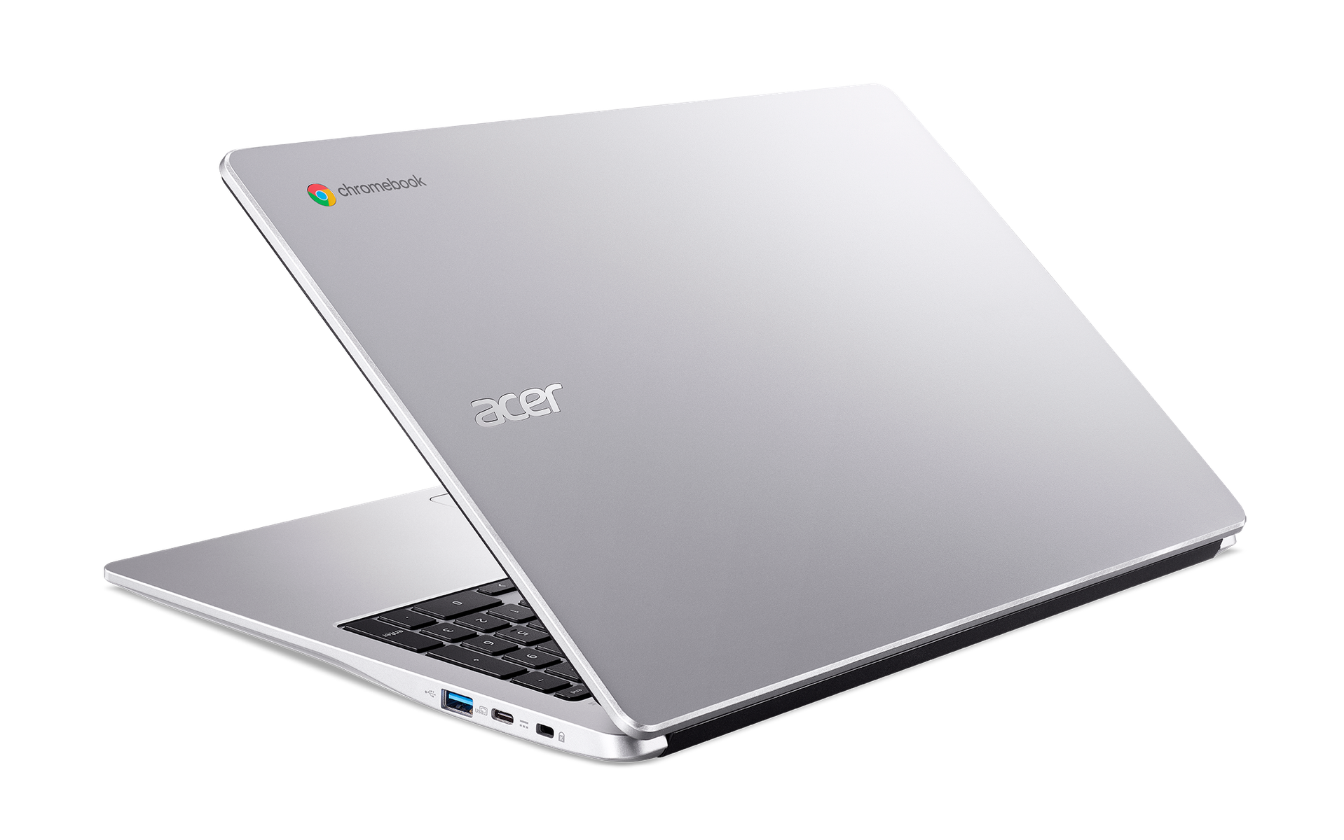 Ordenador portátil plateado, abierto, con el logotipo de Chromebook visible. Parte trasera hacia arriba.
