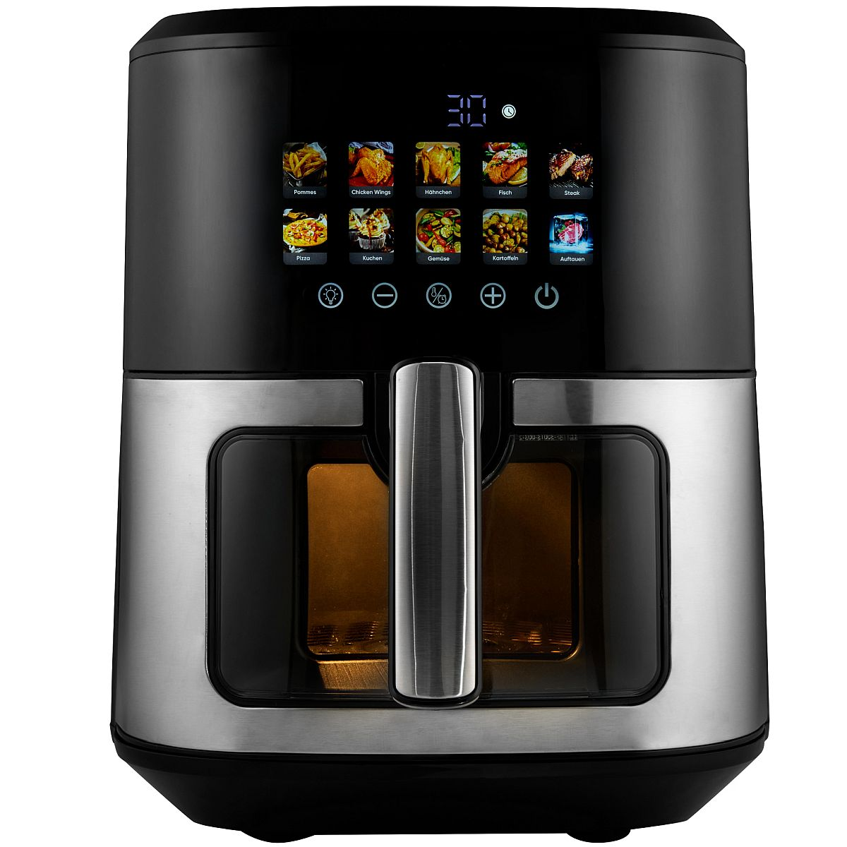 Frytkownica beztłuszczowa z wyświetlaczem pokazującym opcje jedzenia. Stal nierdzewna i czarny design, białe tło.