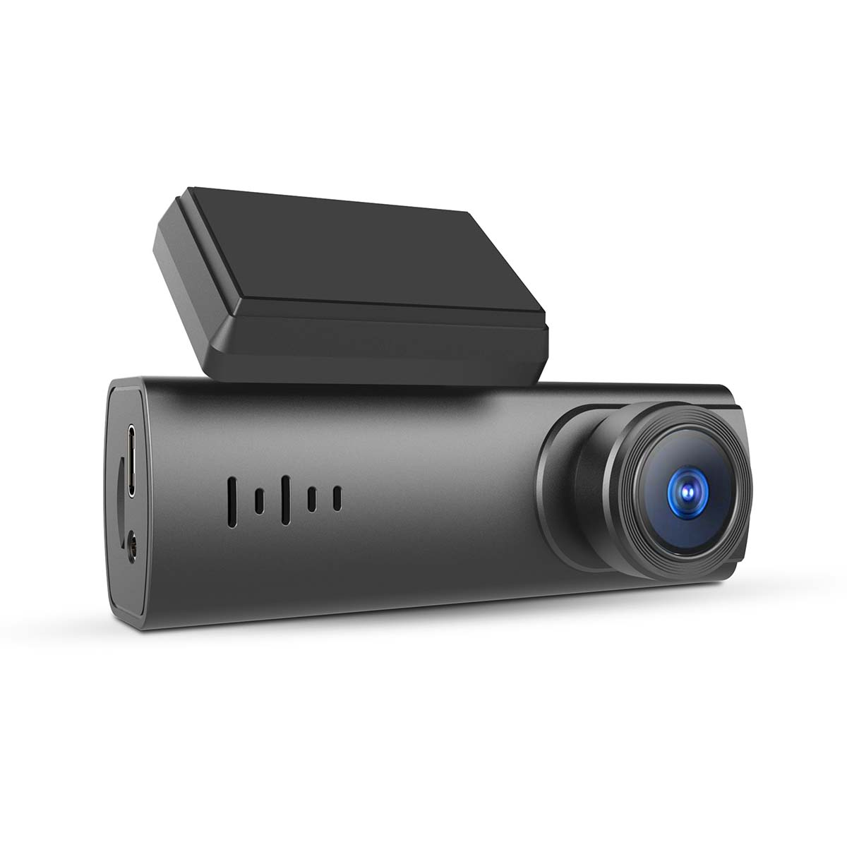 Zwarte dashcam met lens en scherm. Op een witte achtergrond.