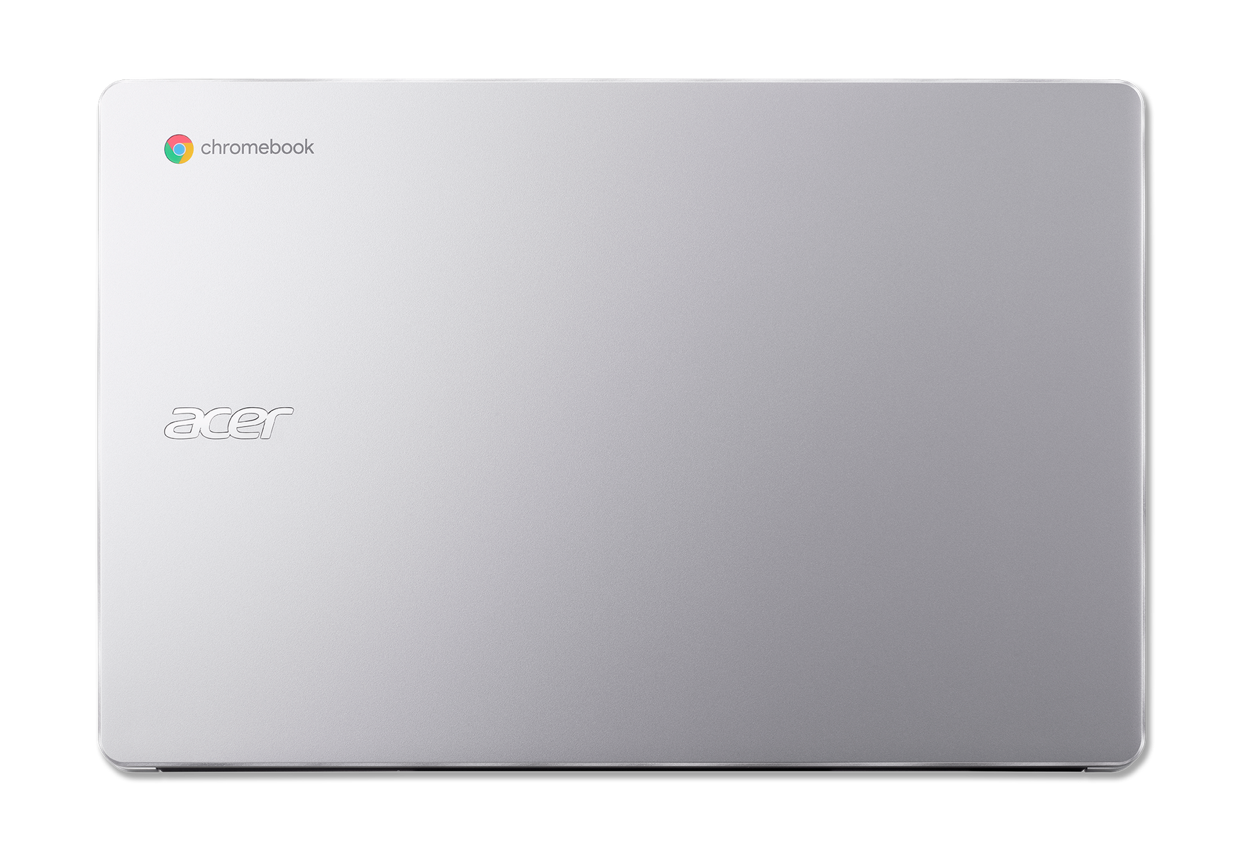 Un portátil plateado con la tapa cerrada. El logo de Acer a la izquierda y el de Chromebook.