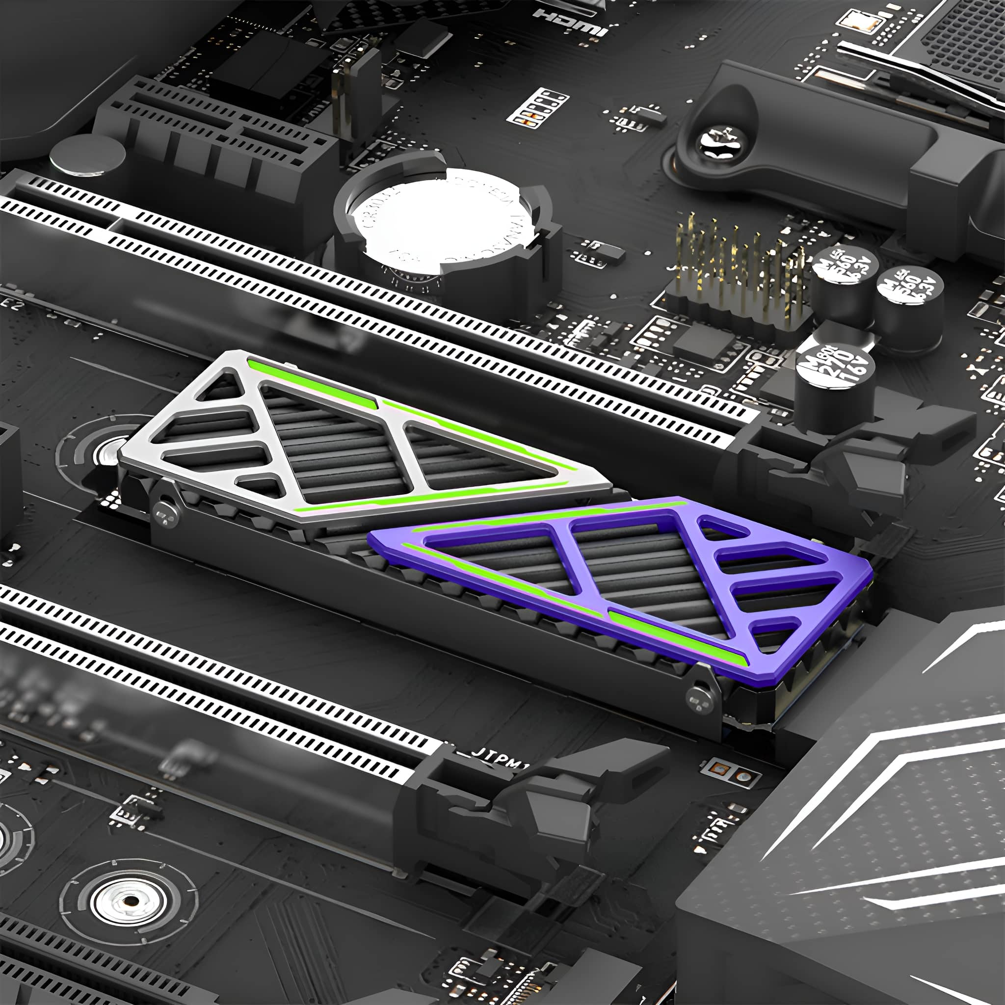 Motherboard mit weißer und lila M.2-Slot-Abdeckung, grüne Akzente.