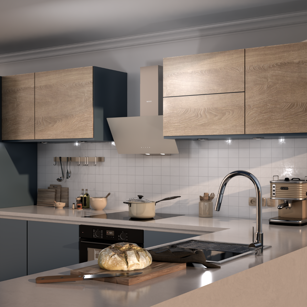 Modern kitchen with wooden cabinets, sink, oven, and espresso machine.