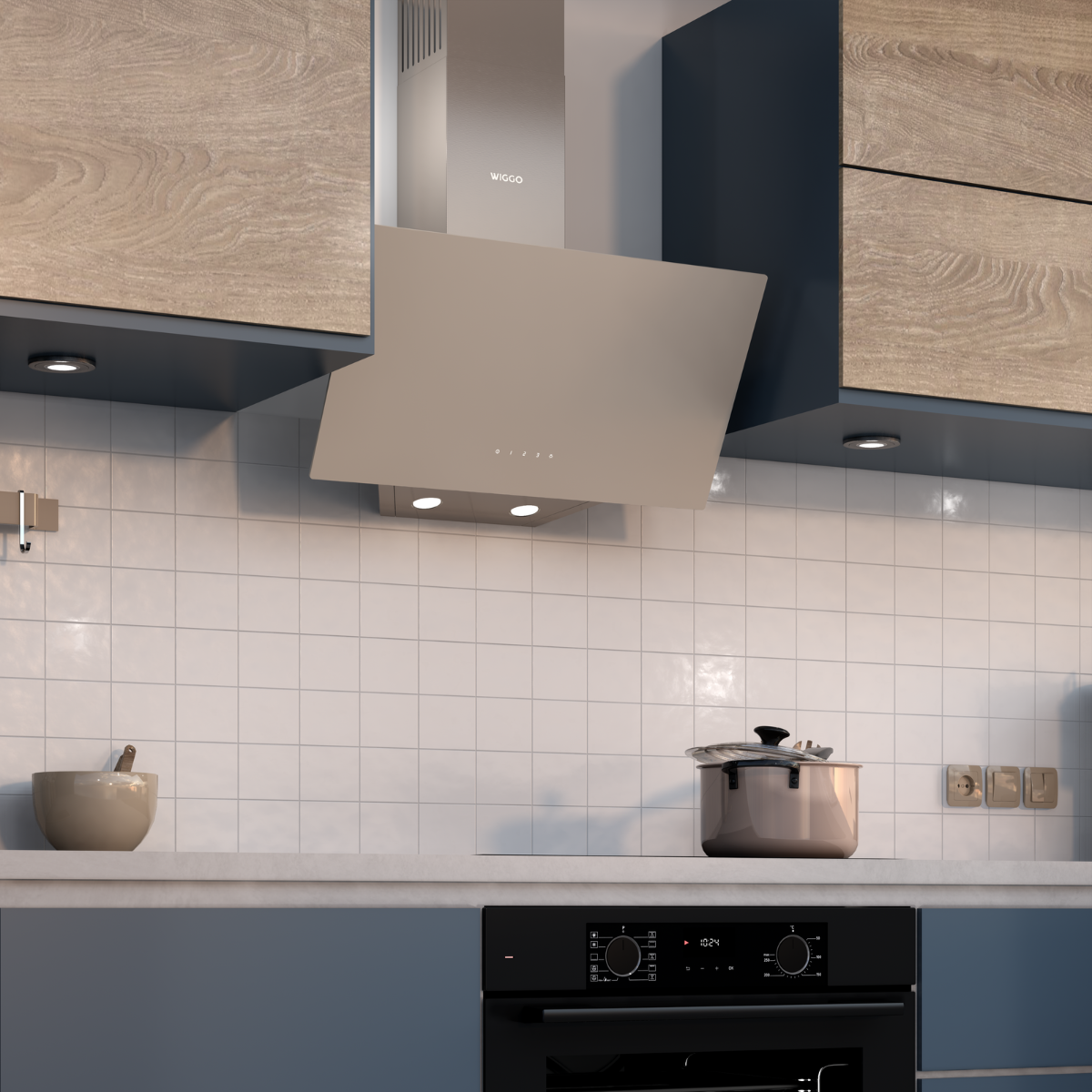 Modern kitchen with a silver range hood, white tile backsplash, and blue cabinets.