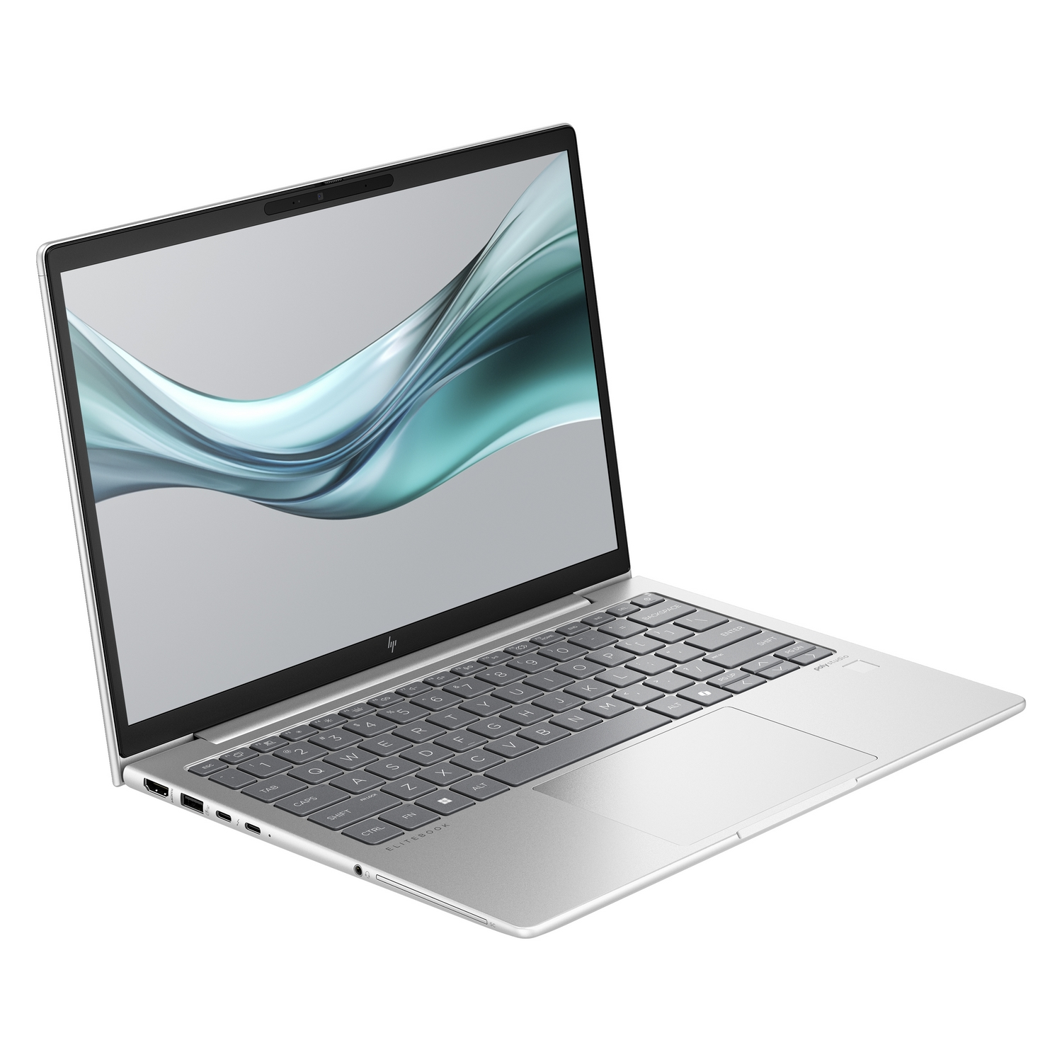 Laptop argento, aperto, contro bianco. Schermo con linee astratte. Tastiera visibile.