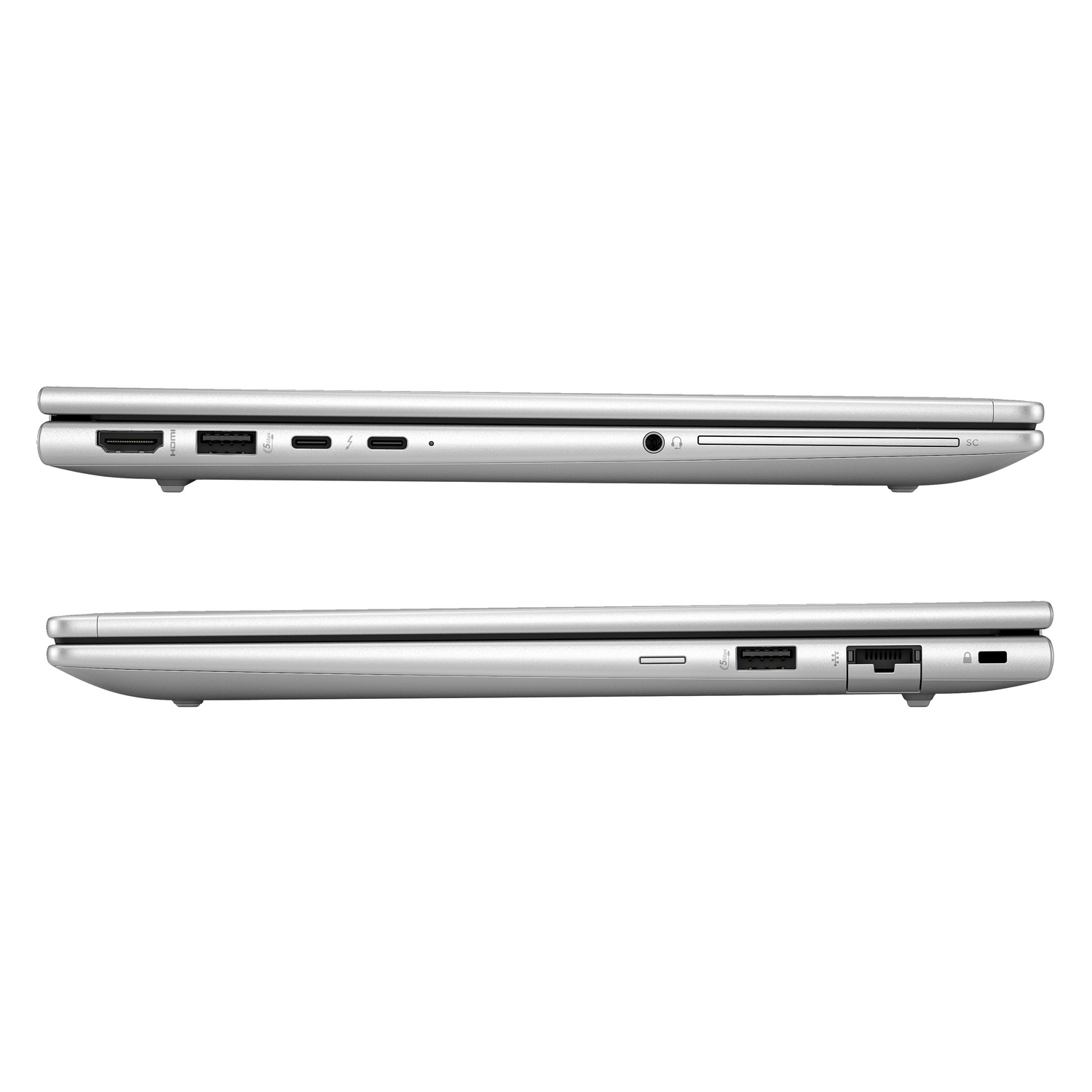 Due viste laterali di un laptop argentato, che mostrano le porte e i dettagli del design.