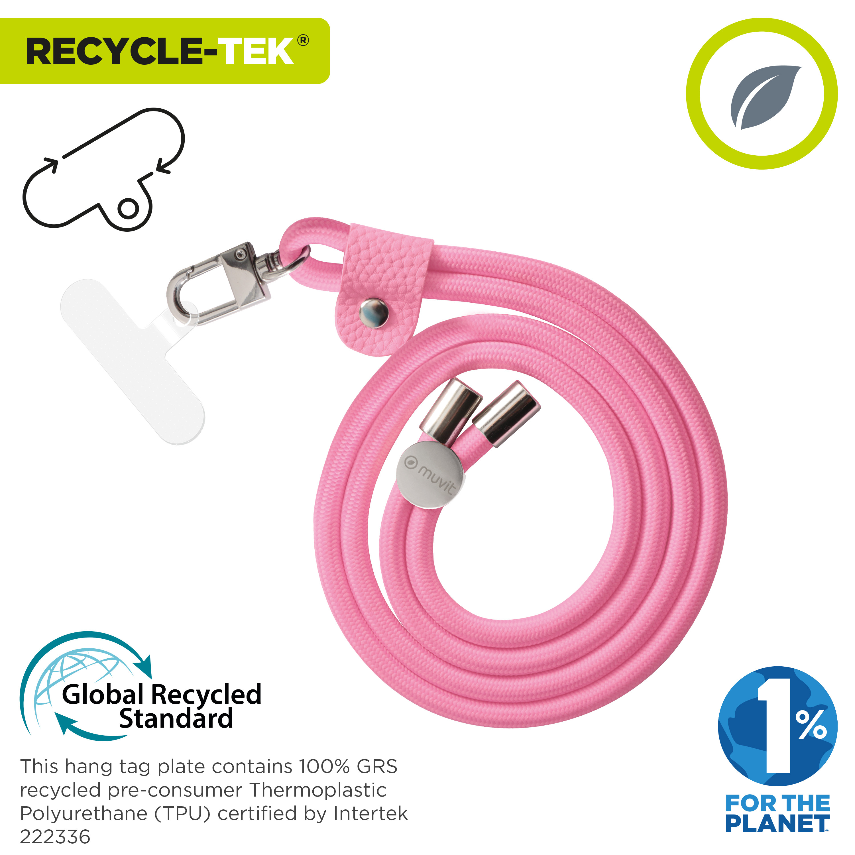 Un cordón rosa para teléfono con un cierre plateado y una etiqueta, con texto sobre materiales reciclados y una hoja verde.