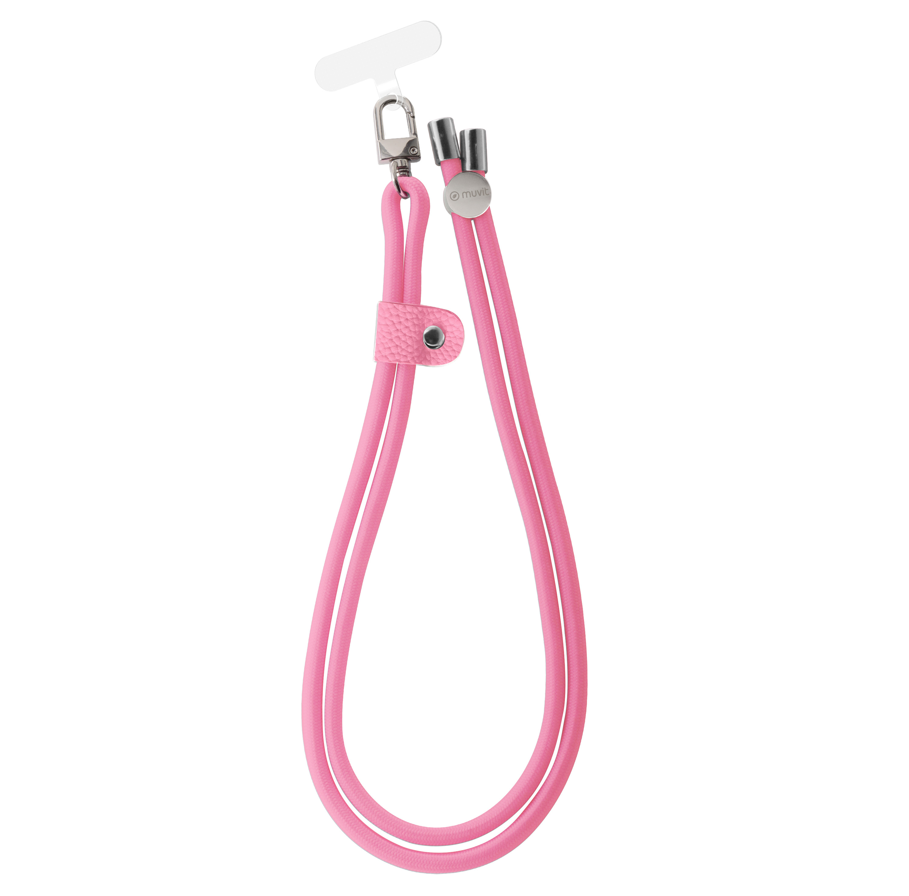 Una correa rosa para teléfono con un cierre de metal y una pequeña pieza de cuero rosa decorativa.