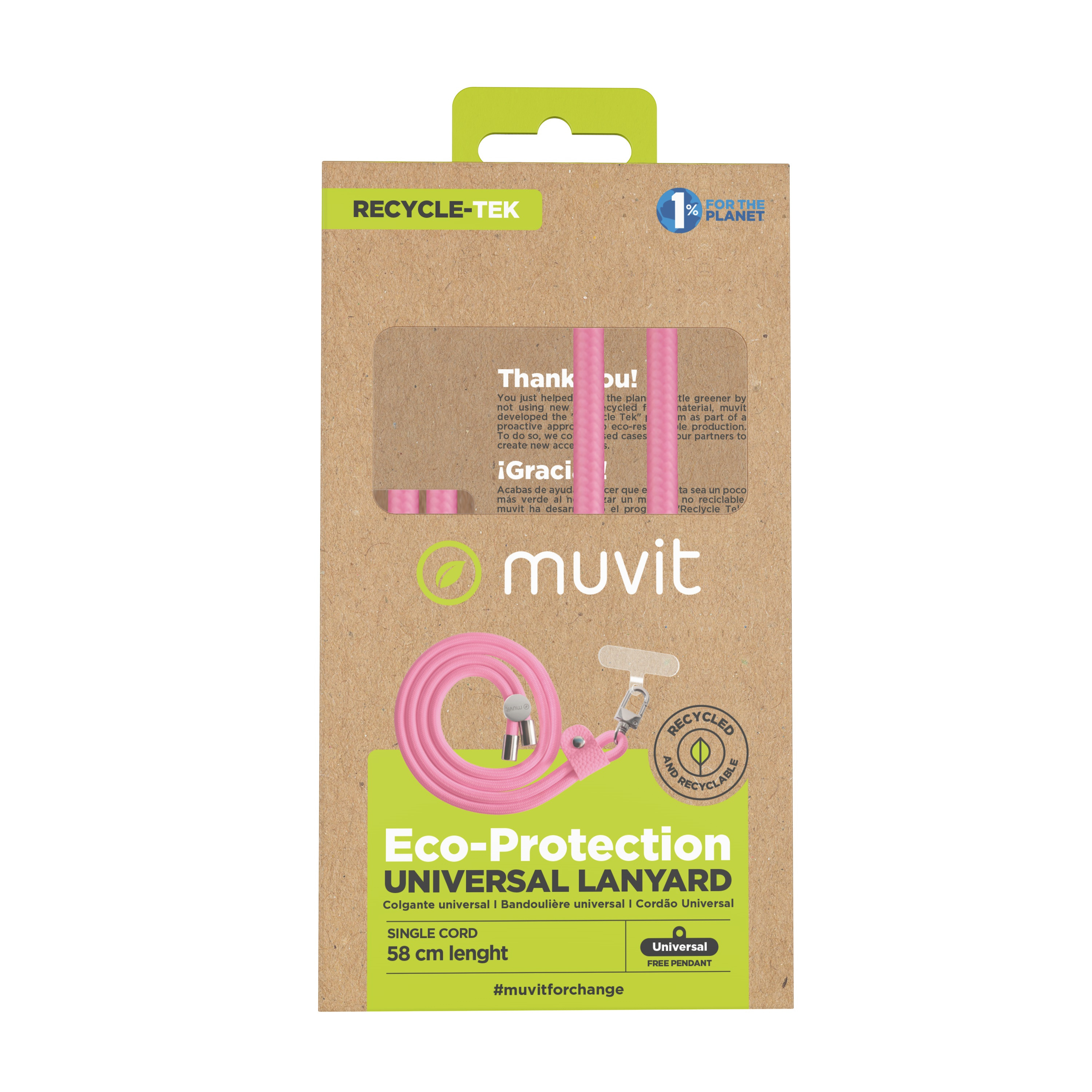 Un cordón para teléfono rosa en un paquete, con texto y un símbolo de reciclaje. Marca Muvit.