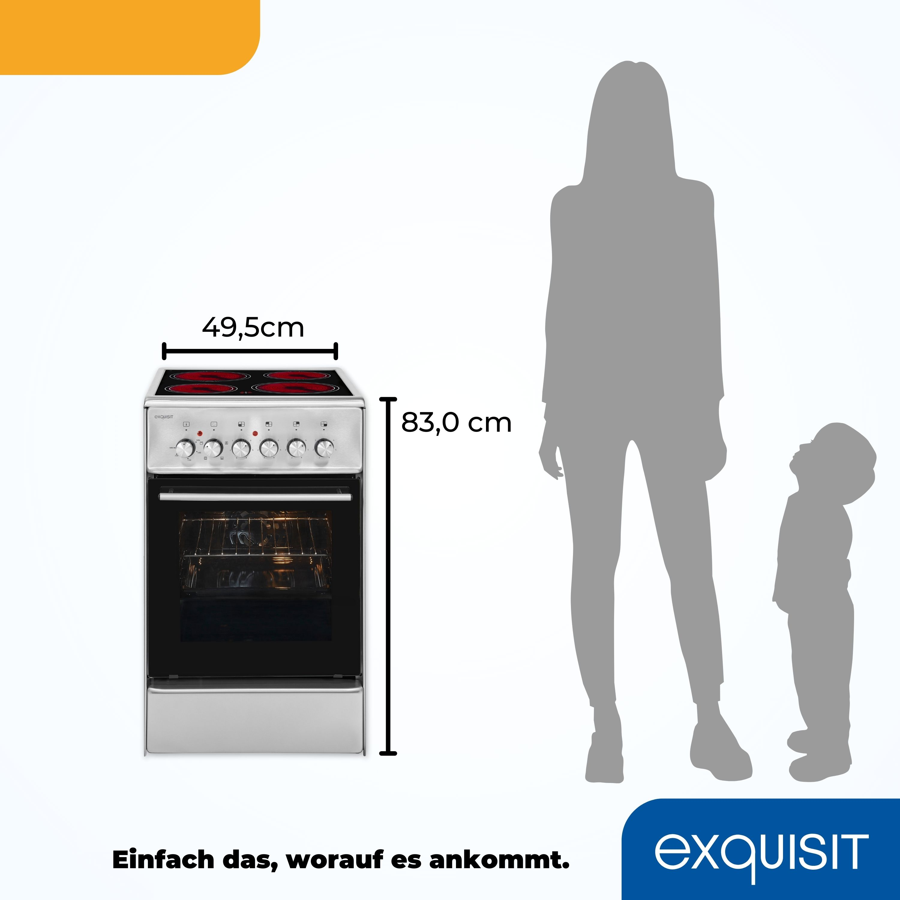 Weißer und silberner Elektrobackofen mit angegebenen Maßen, mit Personensilhouette.
